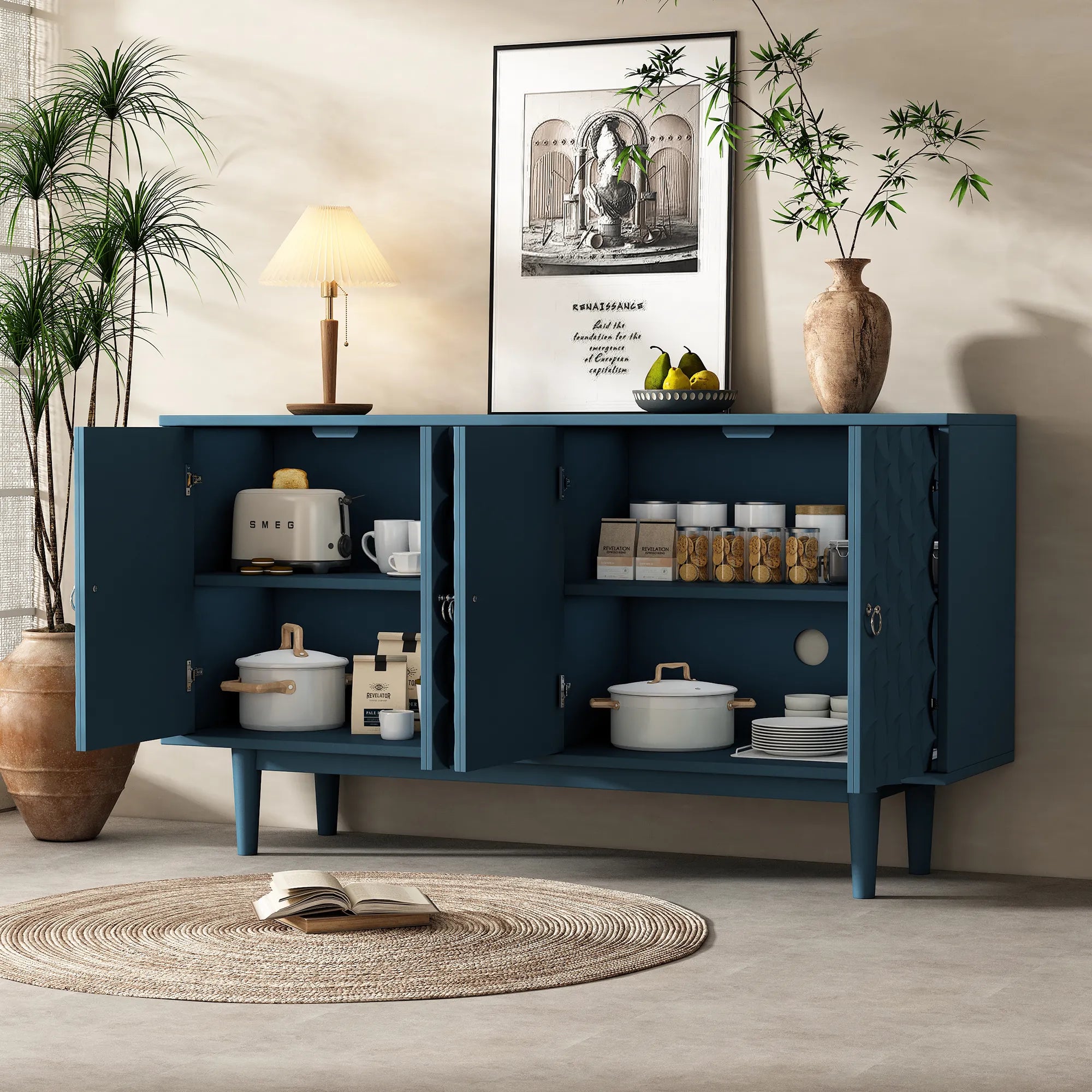 Modern 4-Door Sideboard with Convex Pattern Design