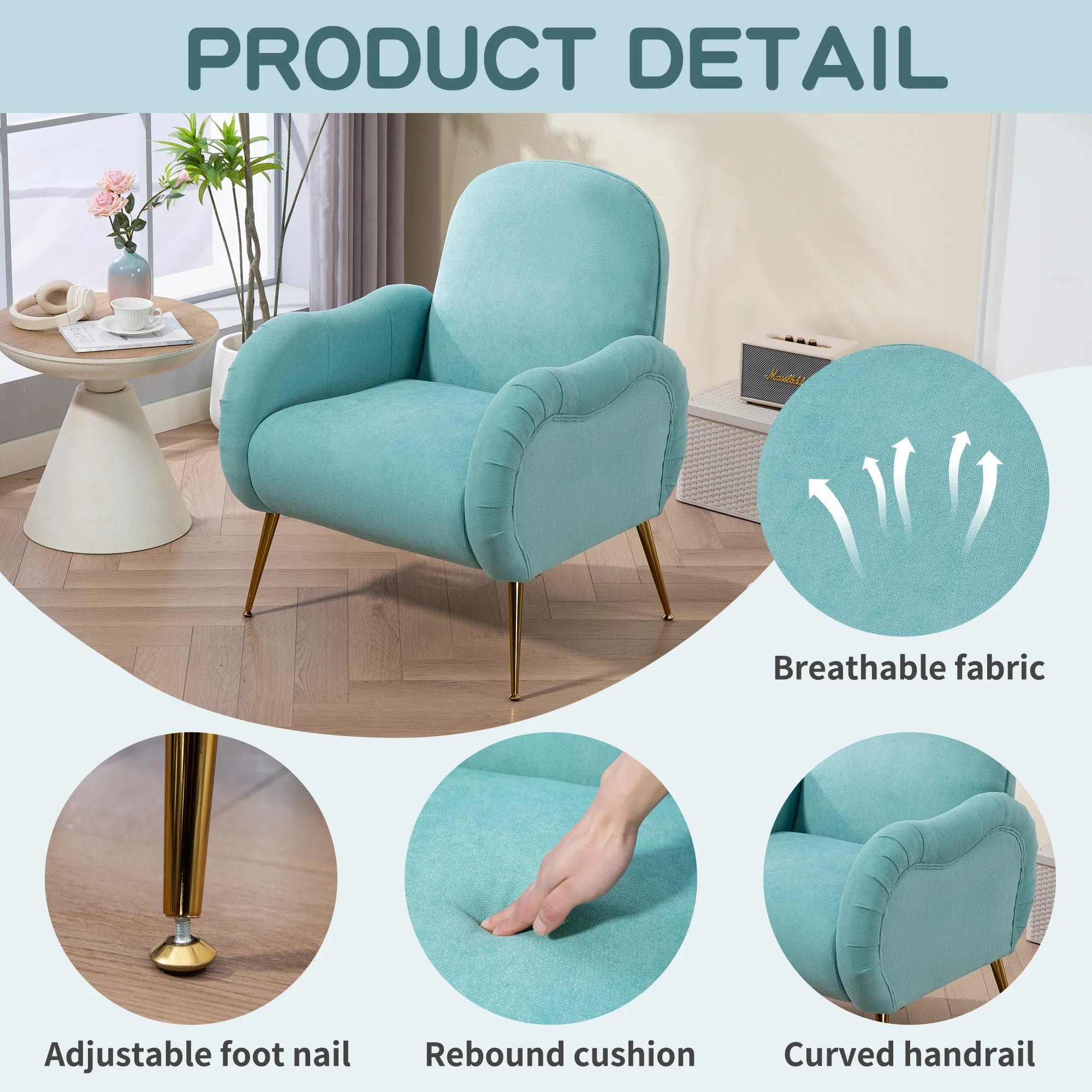 Modern Accent Armchair with Gold Metal Legs, Snowflake Fabric