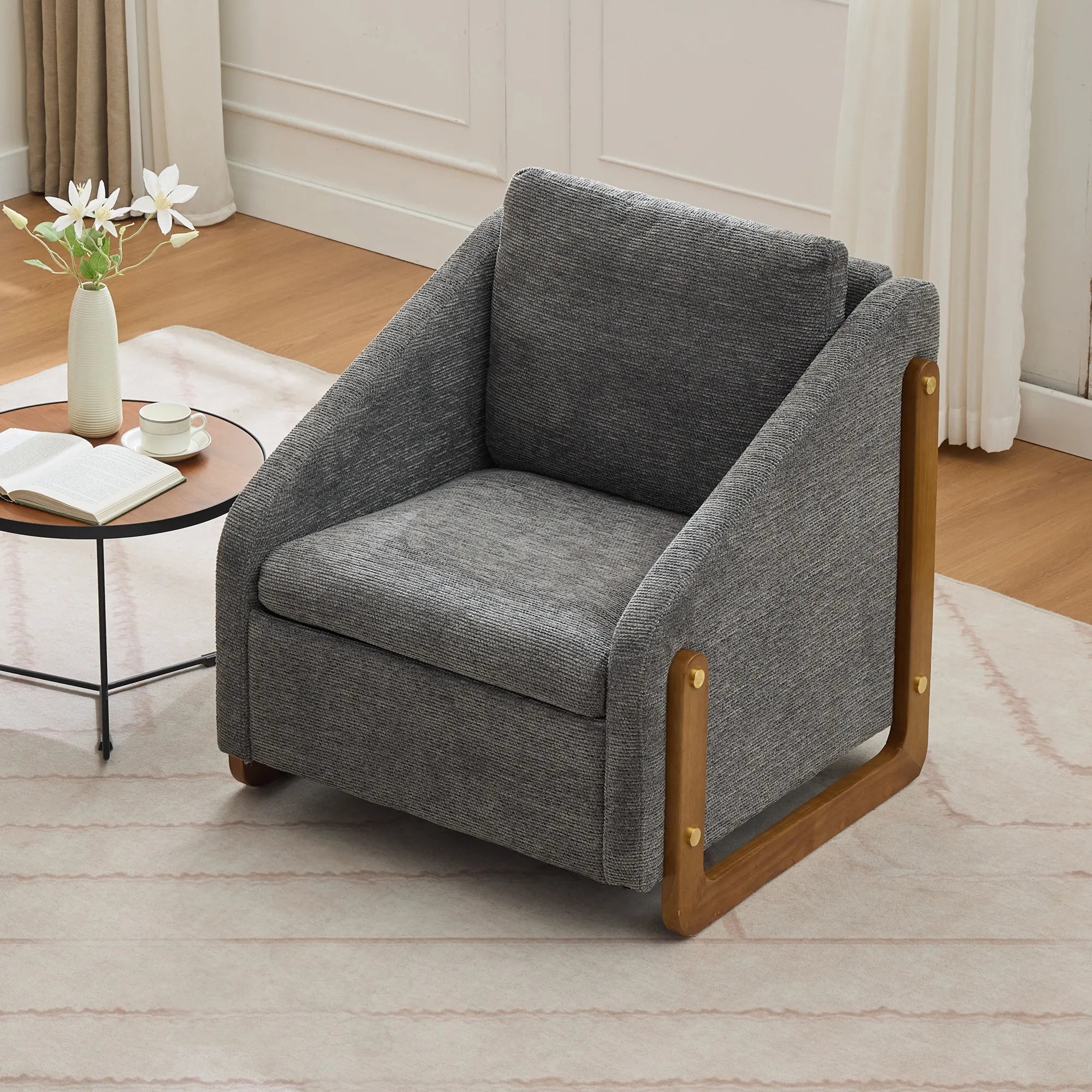 Modern Chenille Fabric Accent Chair with Wooden Side Frame