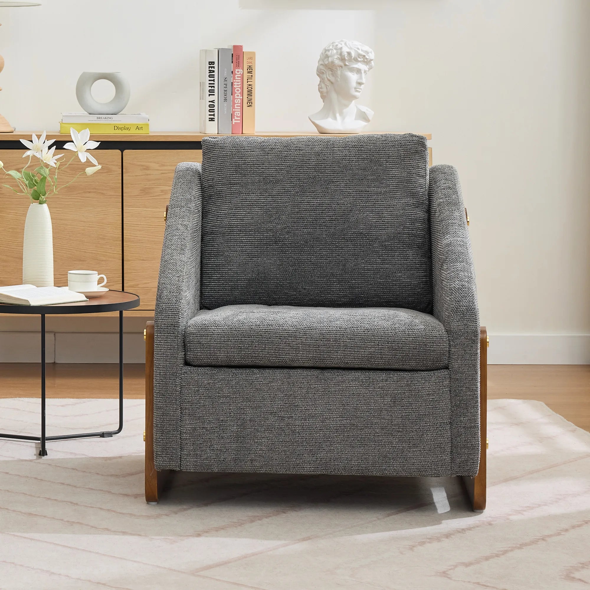 Modern Chenille Fabric Accent Chair with Wooden Side Frame