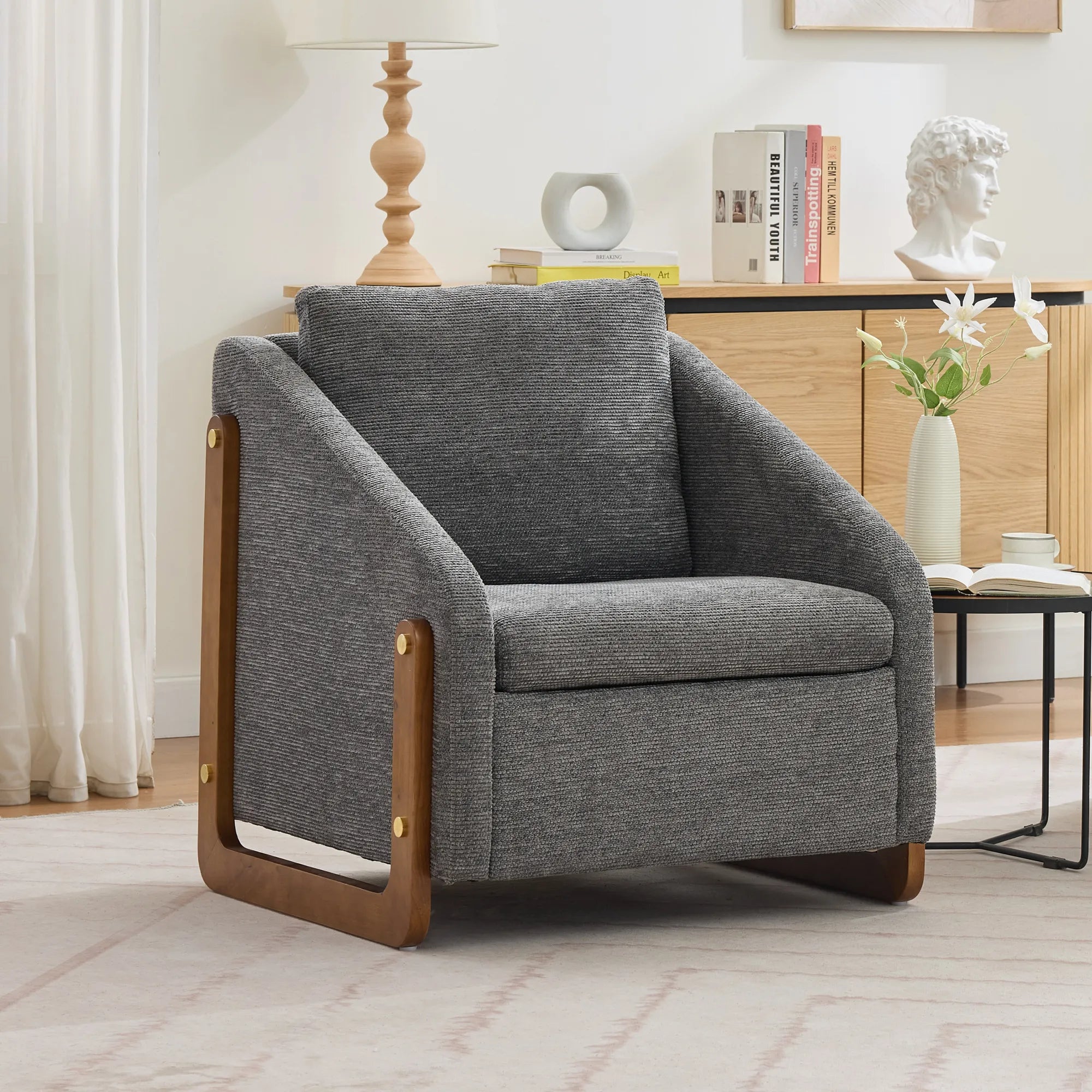 Modern Chenille Fabric Accent Chair with Wooden Side Frame