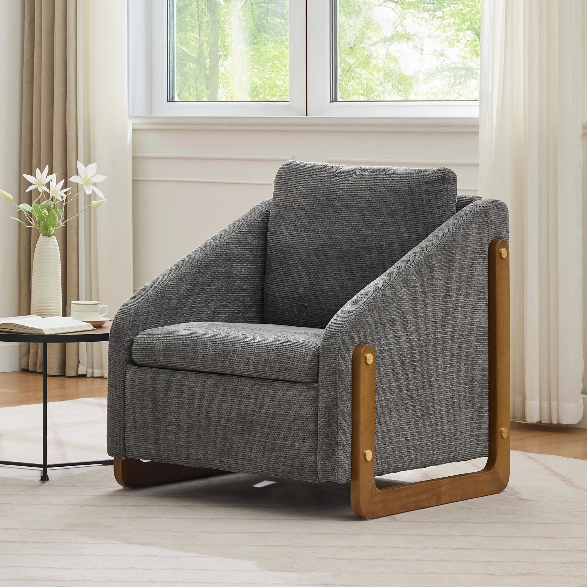 Modern Chenille Fabric Accent Chair with Wooden Side Frame
