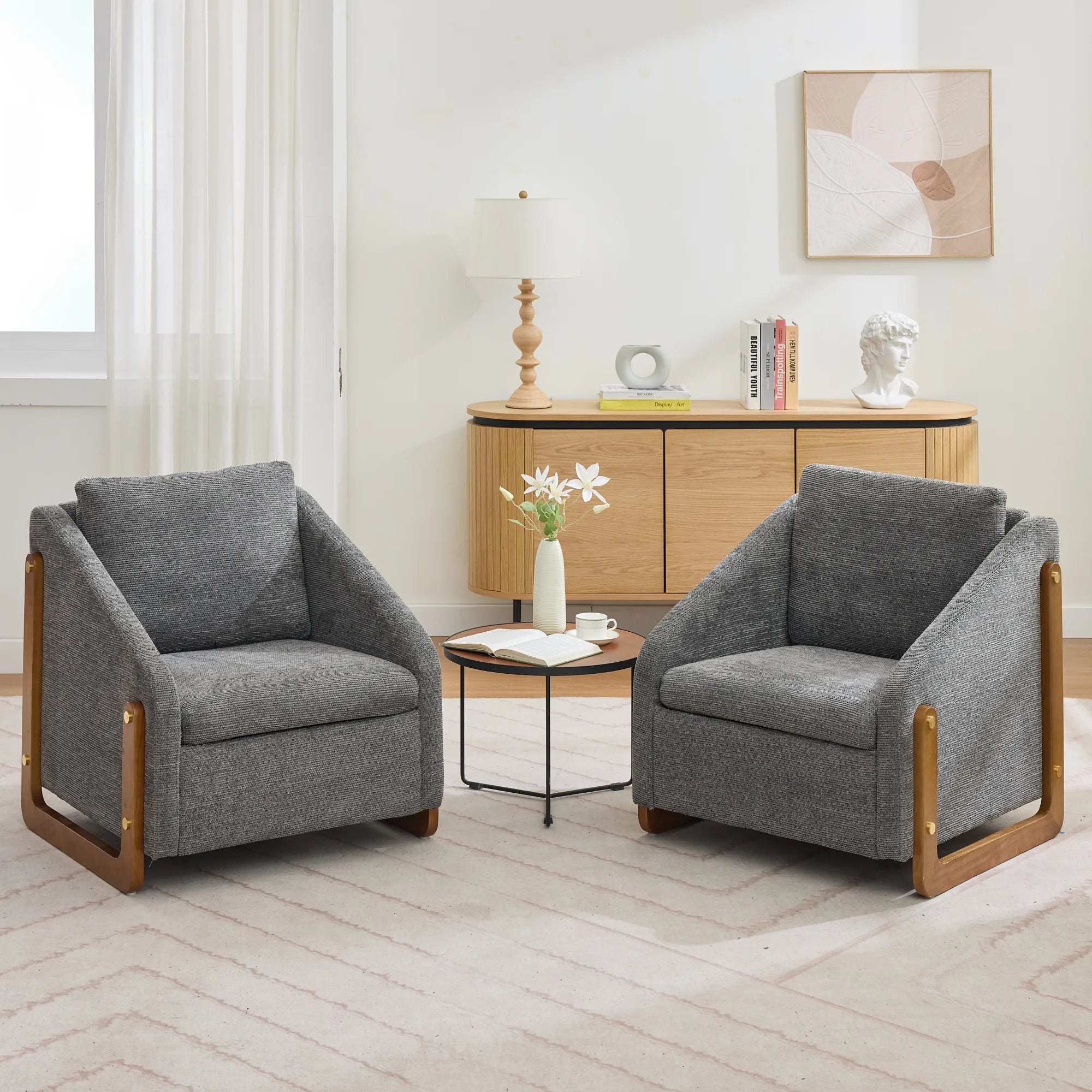 Modern Chenille Fabric Accent Chair with Wooden Side Frame