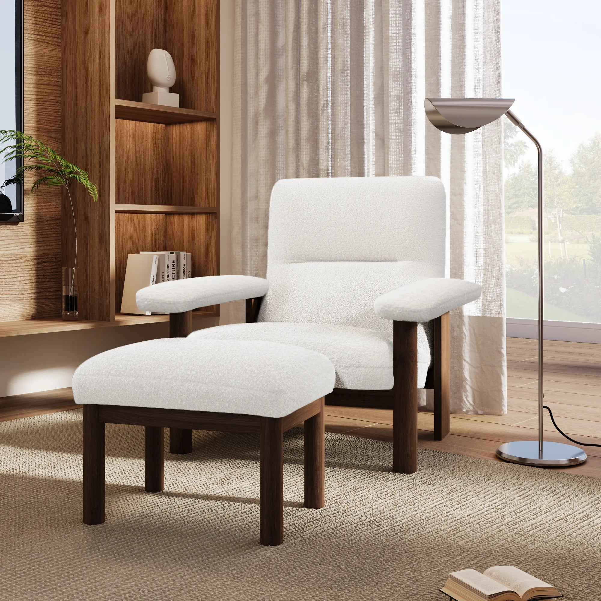 Modern Comfy Fabric Lounge Accent Chair with Footrest Ottoman