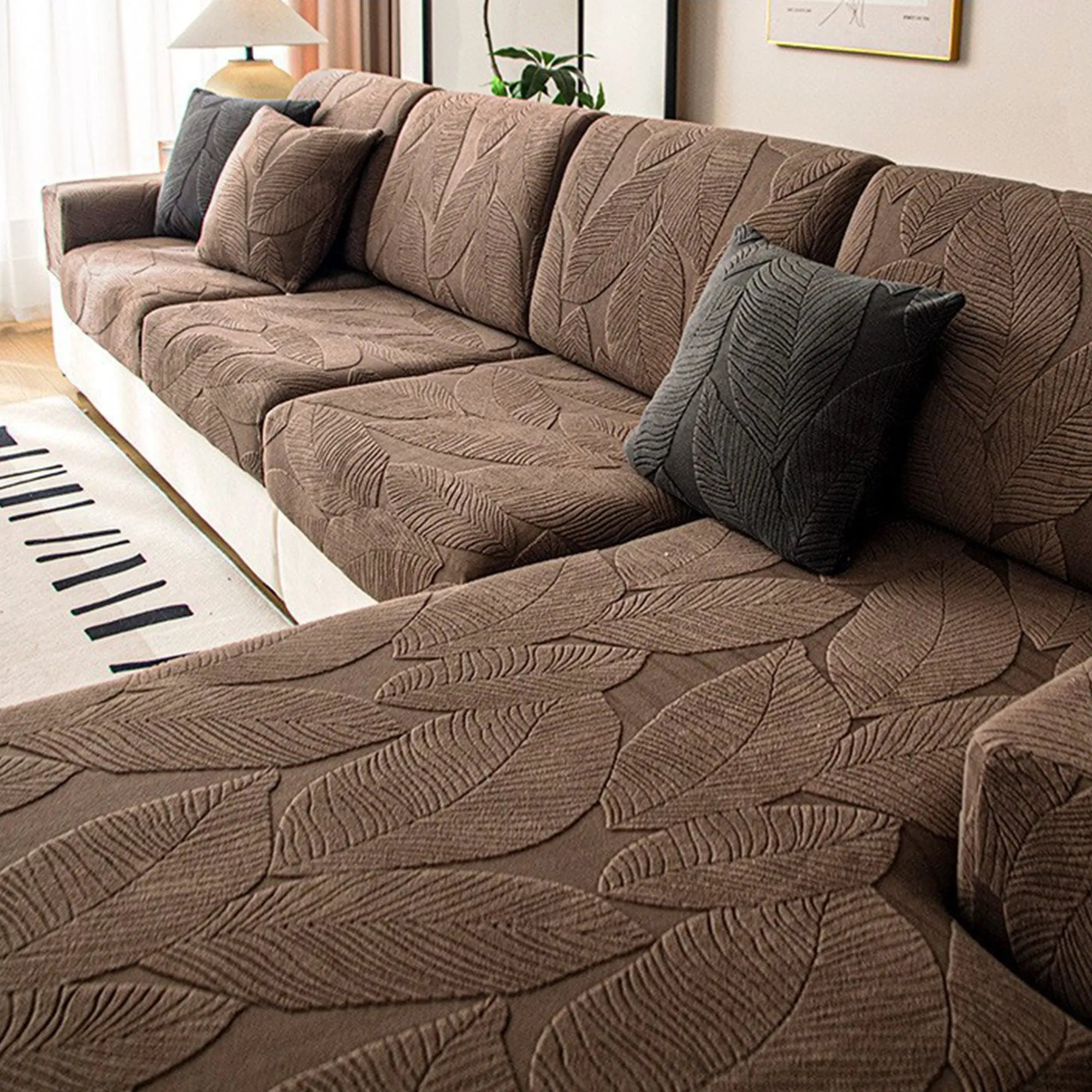 Modern Leaf Velvet Jacquard Stretch Sofa Cover, Waterproof, Pet-Proof