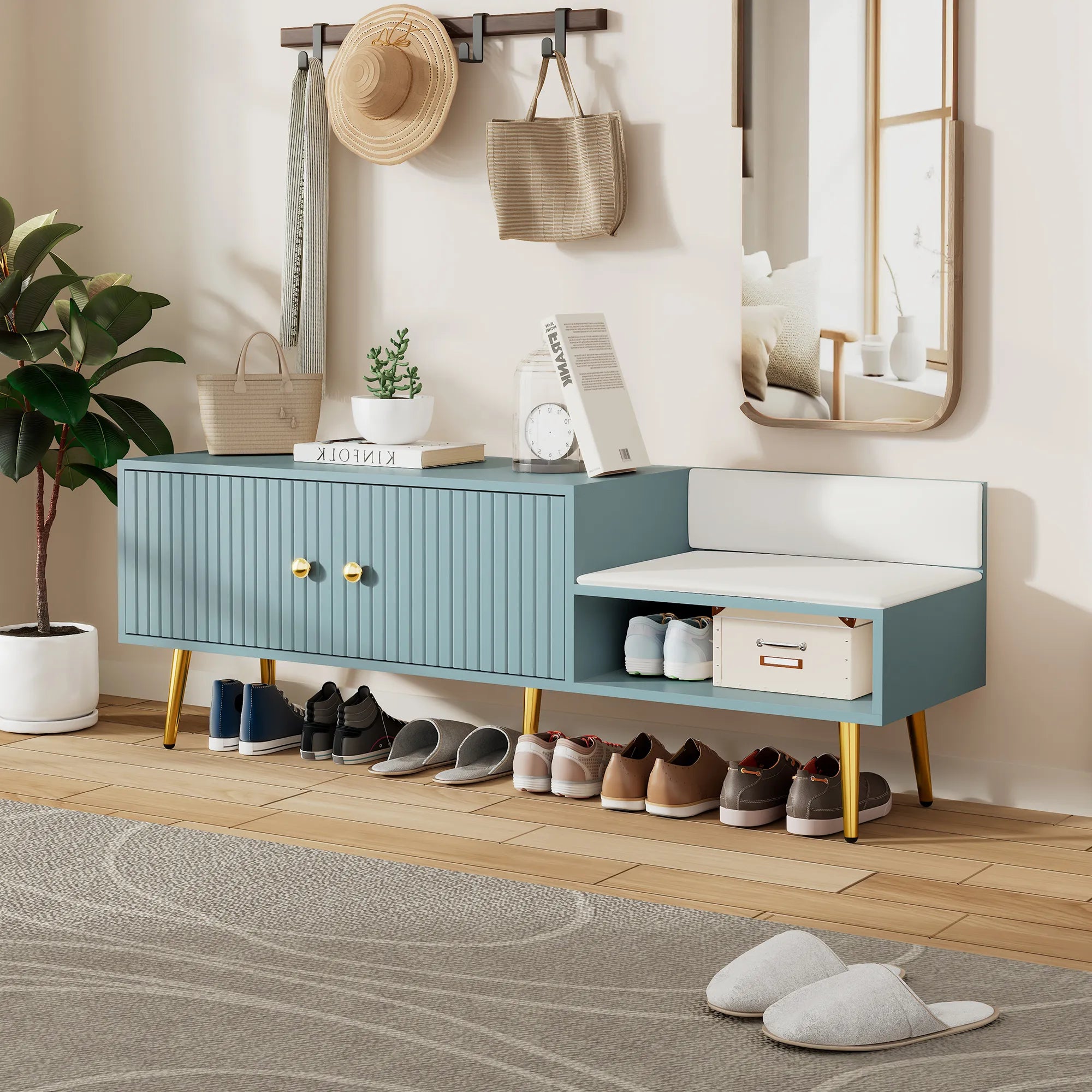 Modern Shoe Storage Entryway Bench with Upholstered Cushion