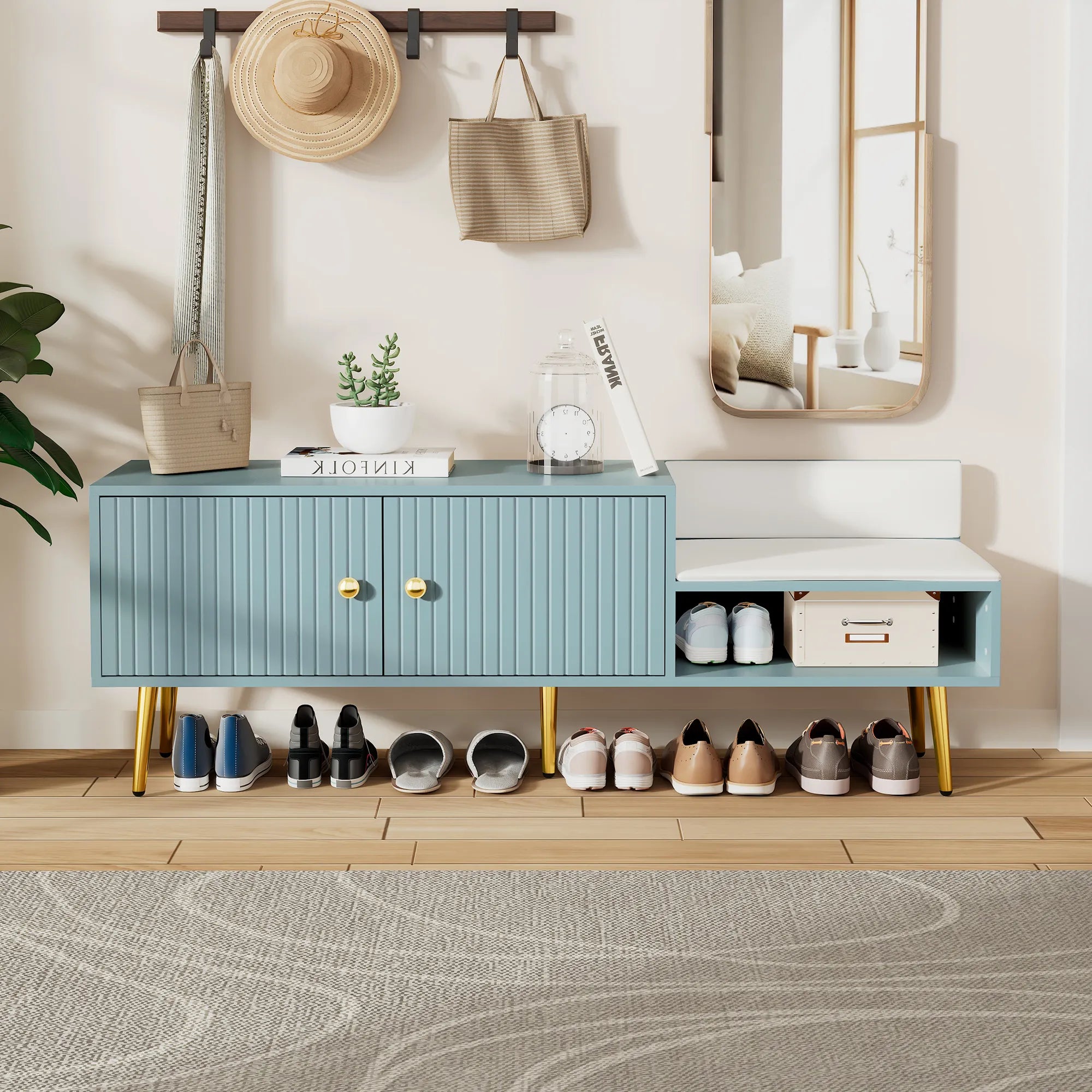 Modern Shoe Storage Entryway Bench with Upholstered Cushion