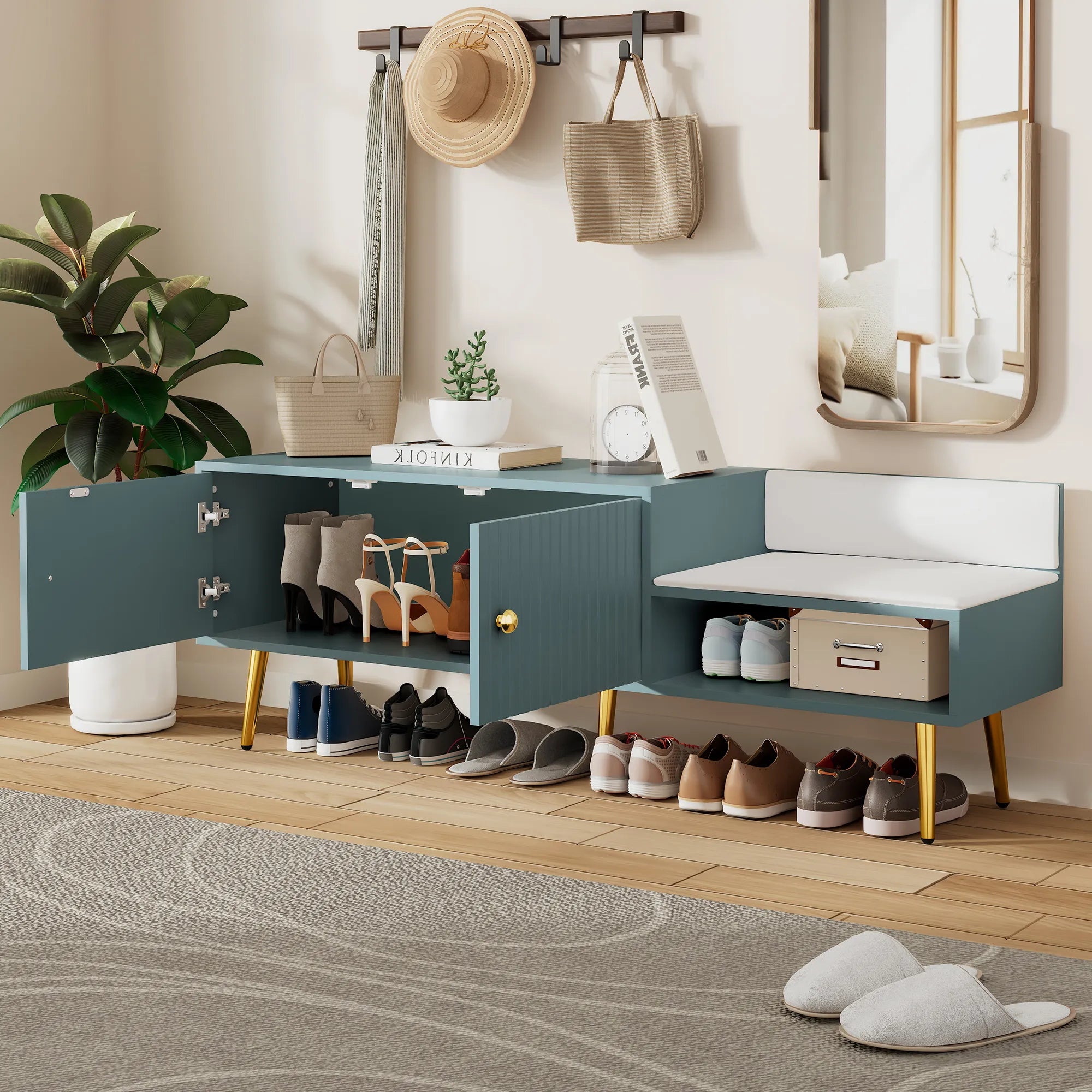 Modern Shoe Storage Entryway Bench with Upholstered Cushion