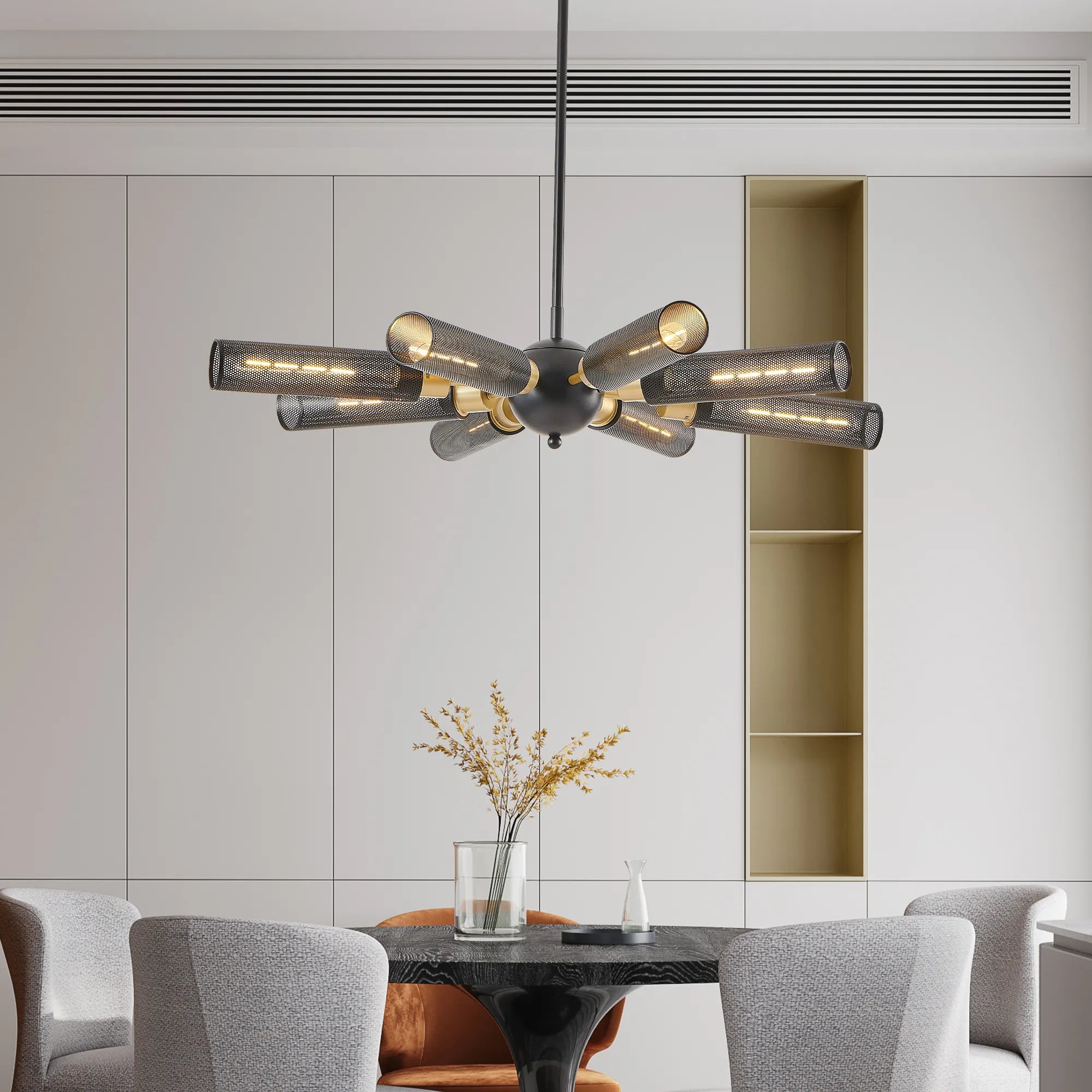 Modern Sputnik 8 Light Black and Gold Metal Chandelier with Mesh Shades