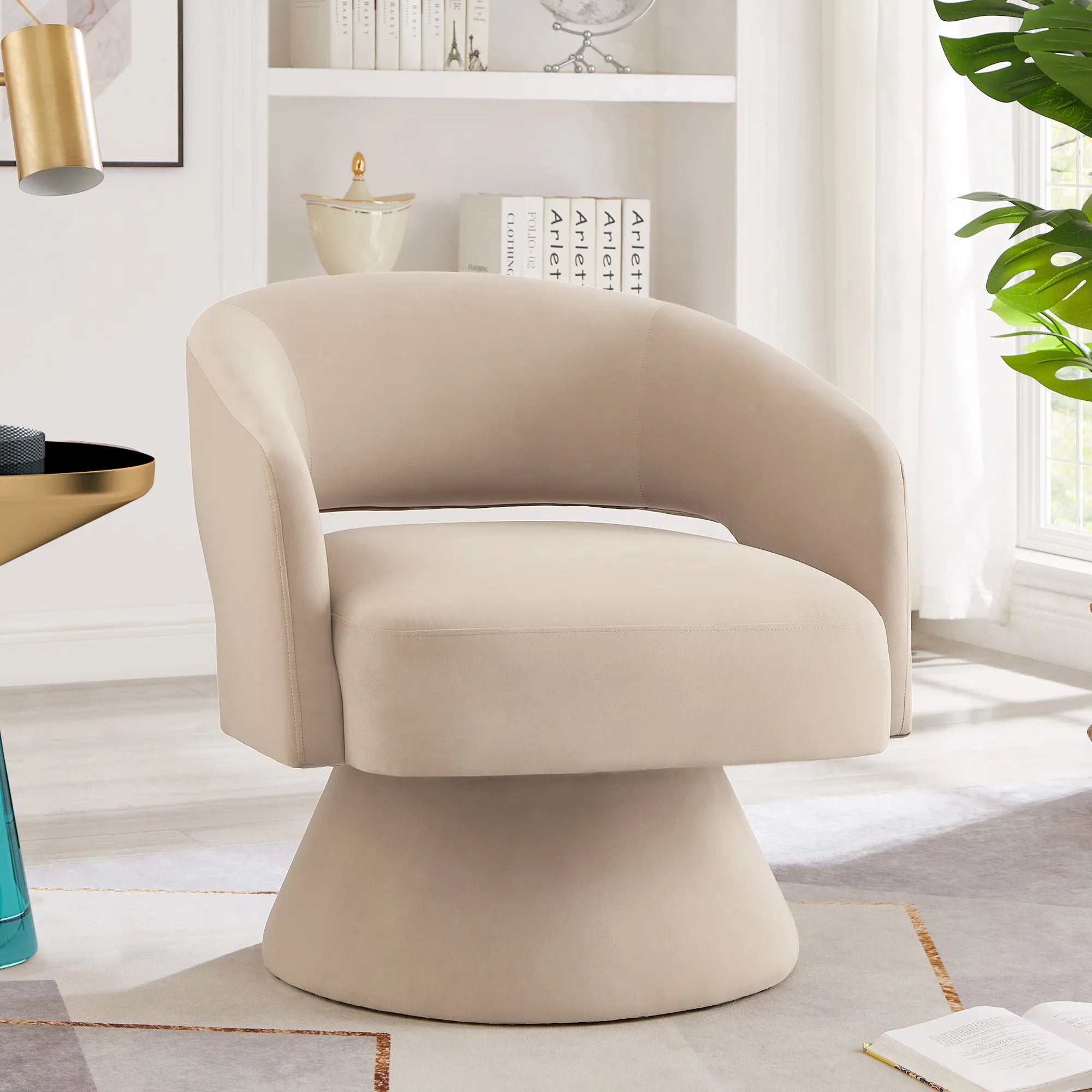 Modern 360° Swivel Velvet Barrel Accent Chair With Open Backrest