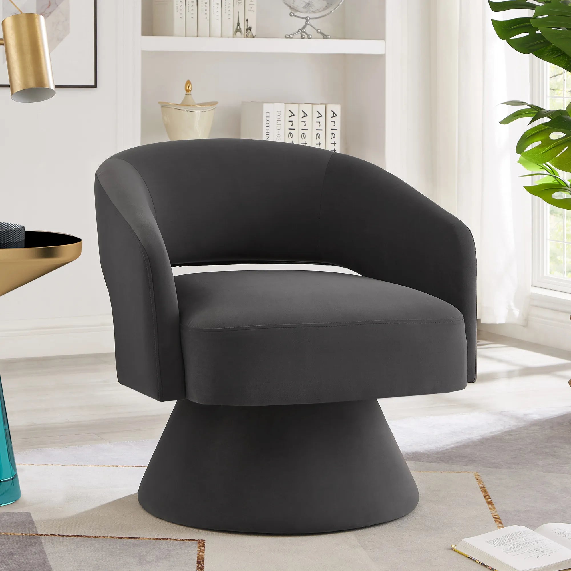 Modern 360° Swivel Velvet Barrel Accent Chair With Open Backrest