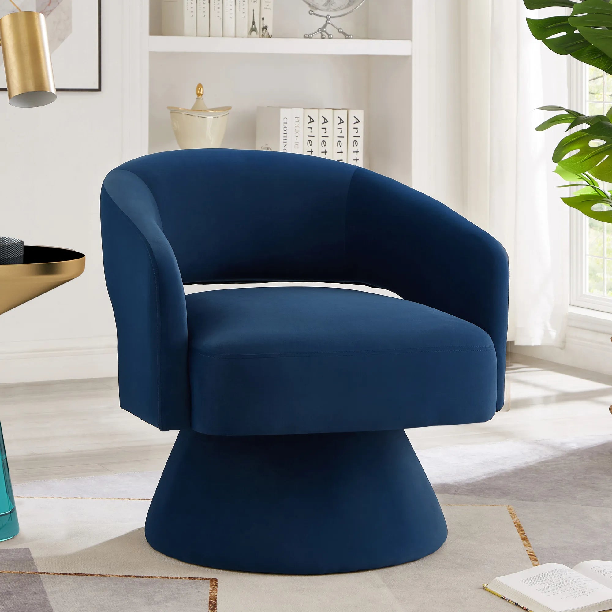 Modern 360° Swivel Velvet Barrel Accent Chair With Open Backrest
