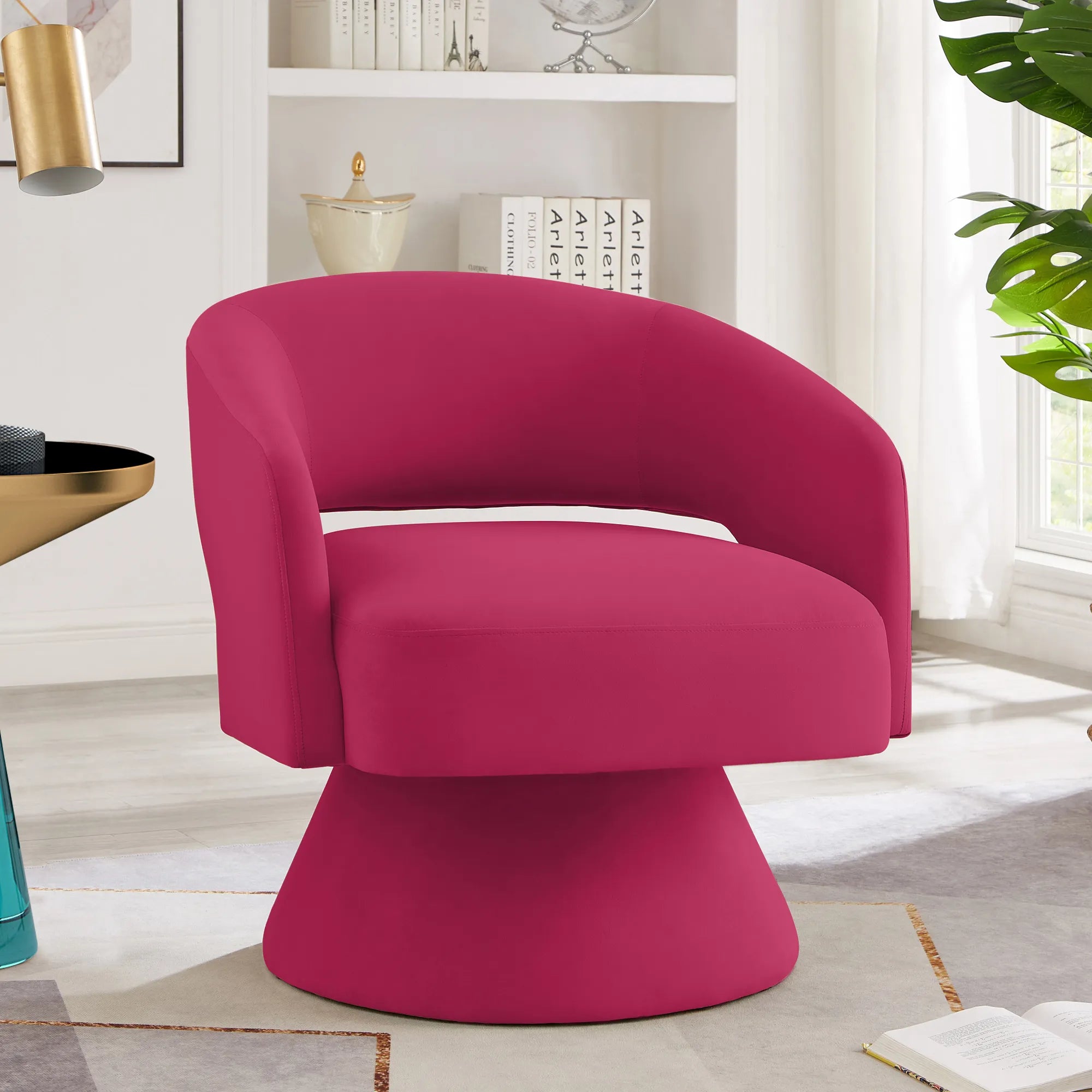 Modern 360° Swivel Velvet Barrel Accent Chair With Open Backrest