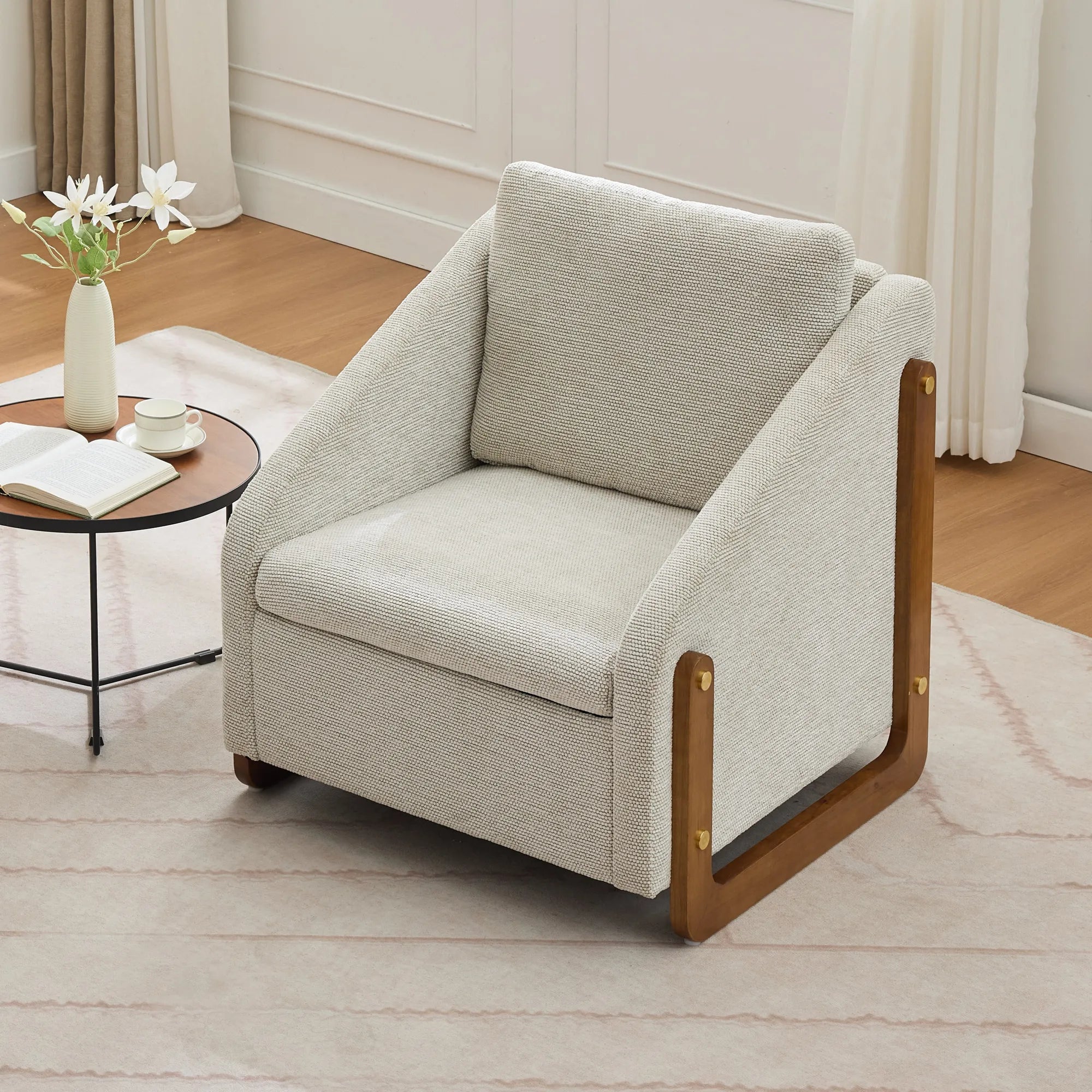 Modern Chenille Fabric Accent Chair with Wooden Side Frame