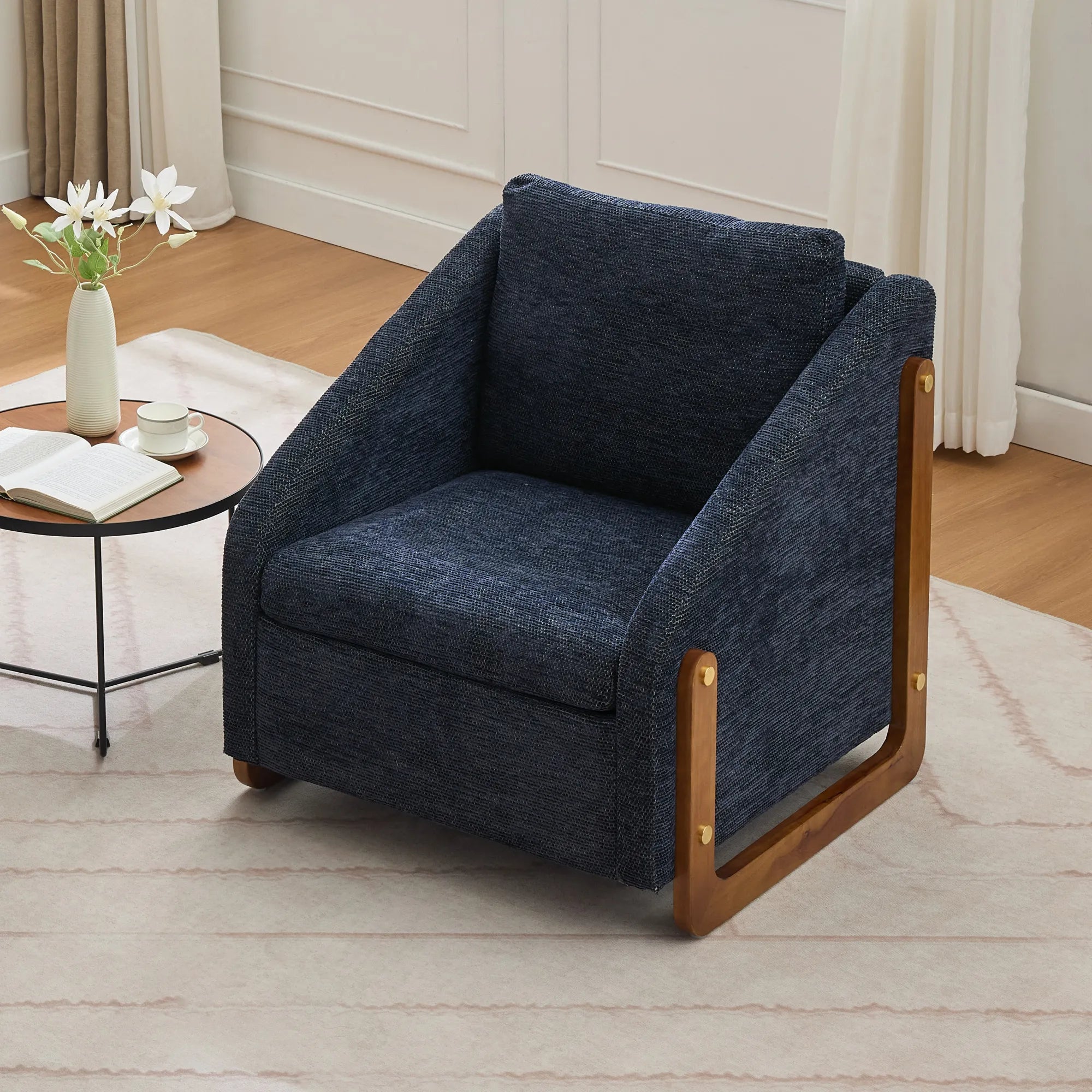 Modern Chenille Fabric Accent Chair with Wooden Side Frame
