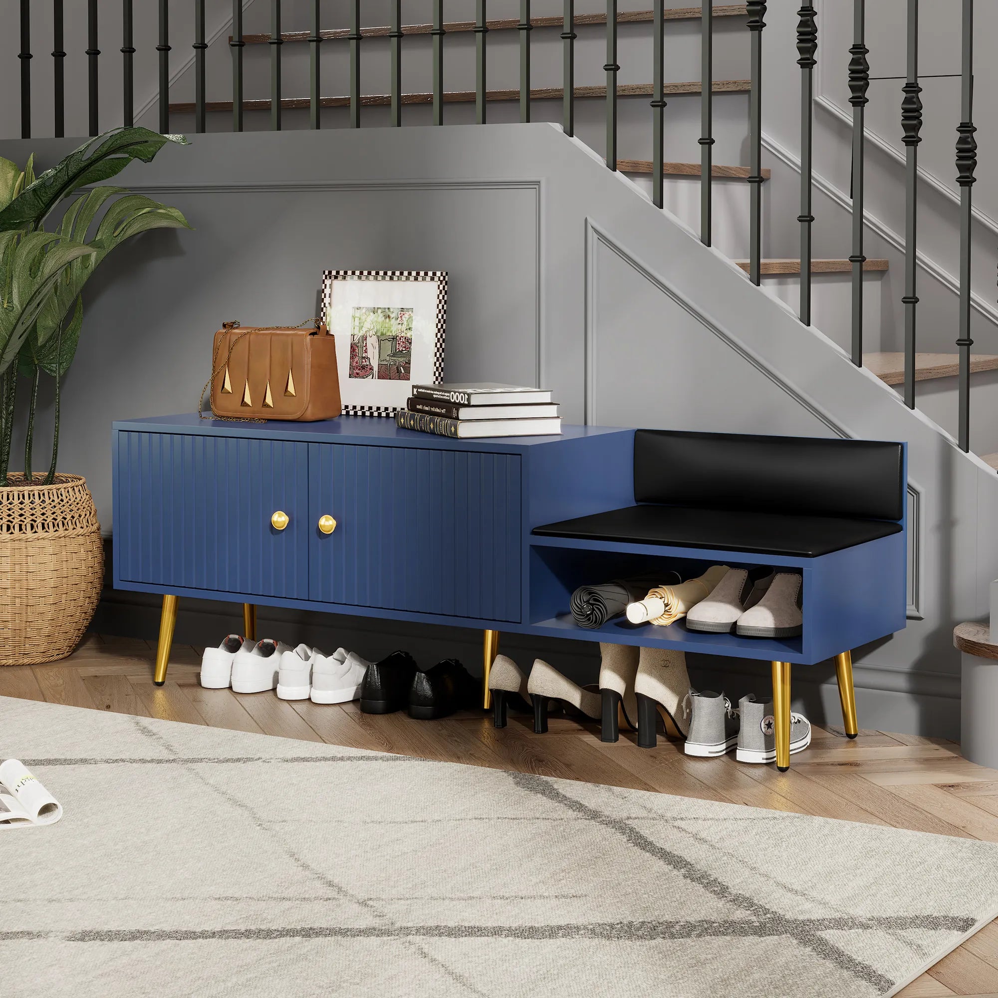 Modern Shoe Storage Entryway Bench with Upholstered Cushion