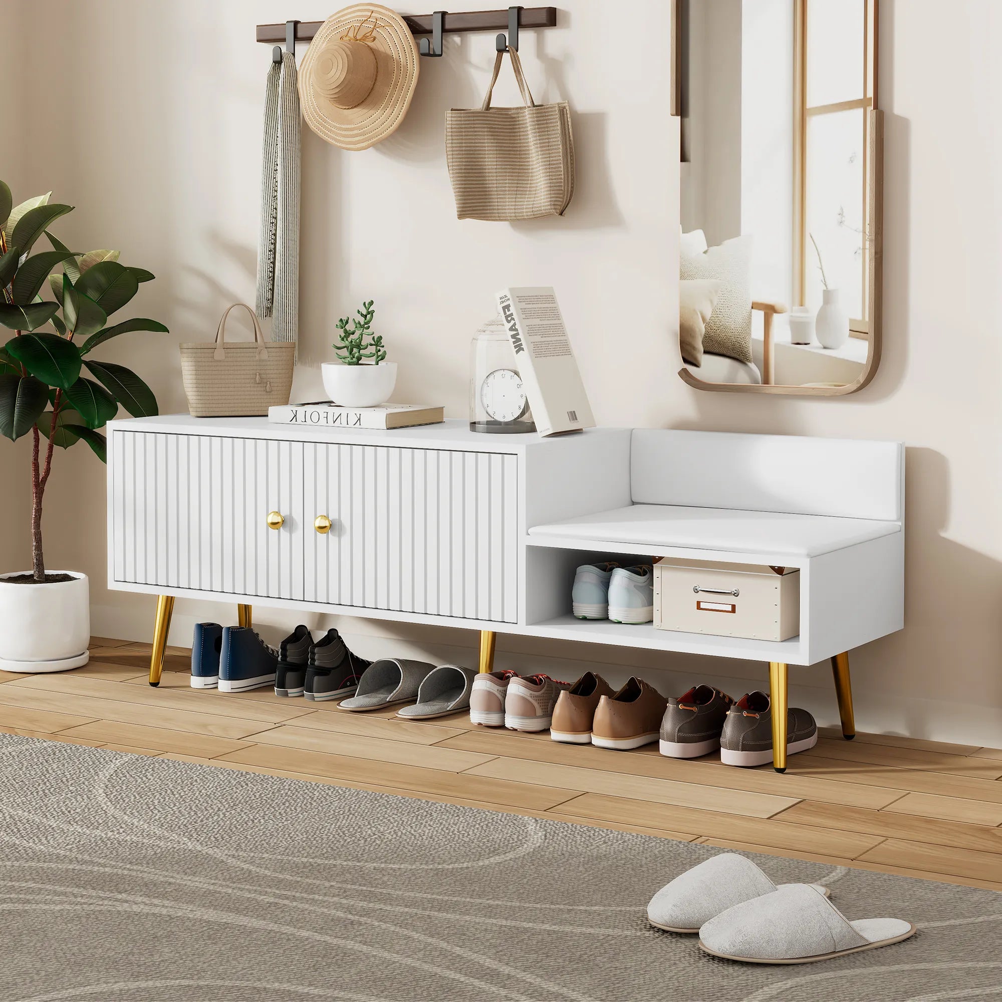 Modern Shoe Storage Entryway Bench with Upholstered Cushion