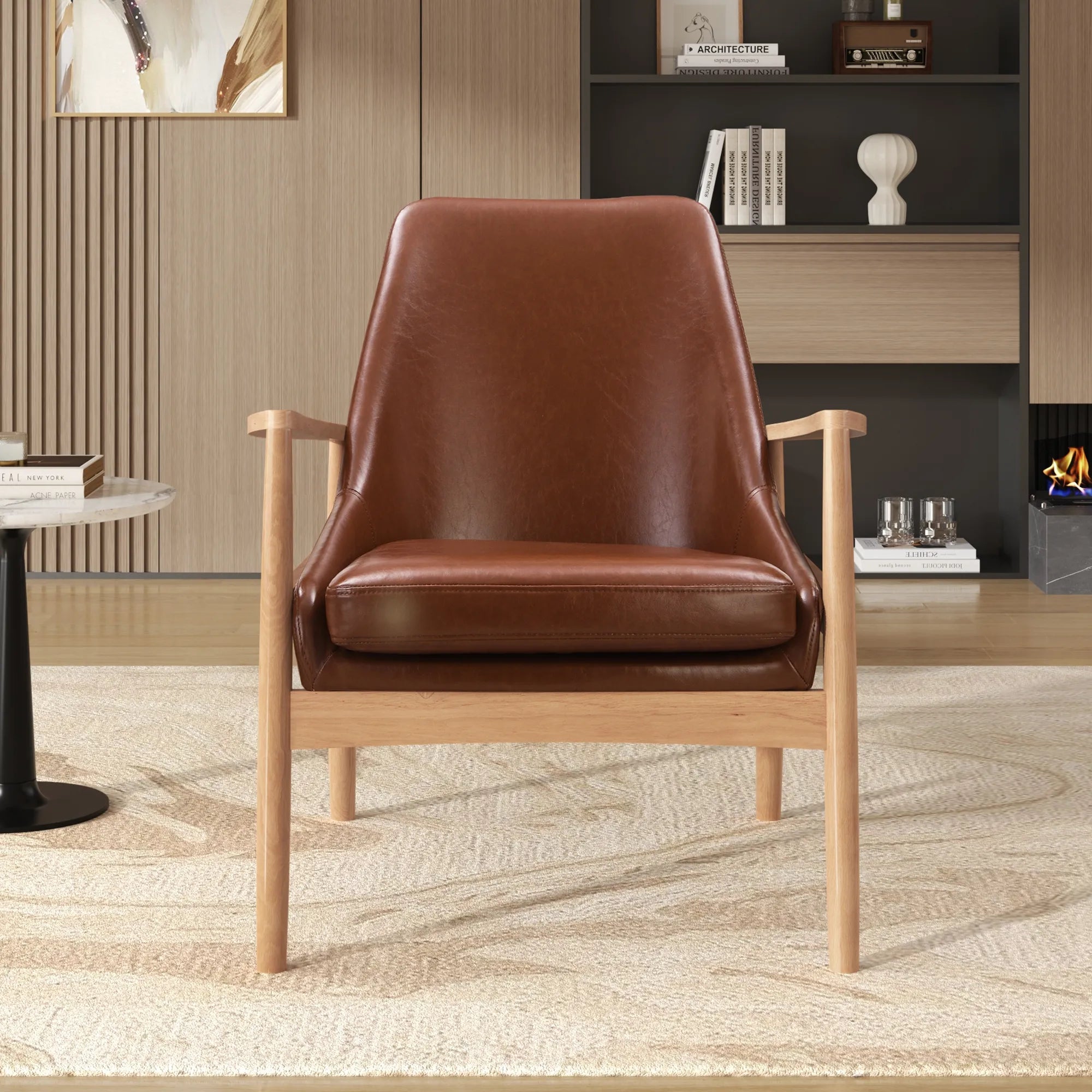 PU Leather Mid-Century Modern Armchair Accent Chair with Solid Wood Frame