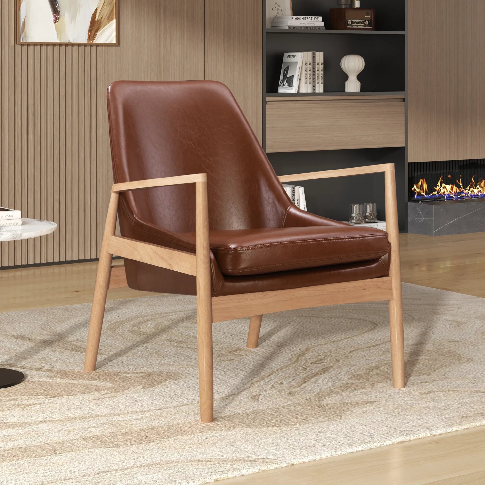 PU Leather Mid-Century Modern Armchair Accent Chair with Solid Wood Frame