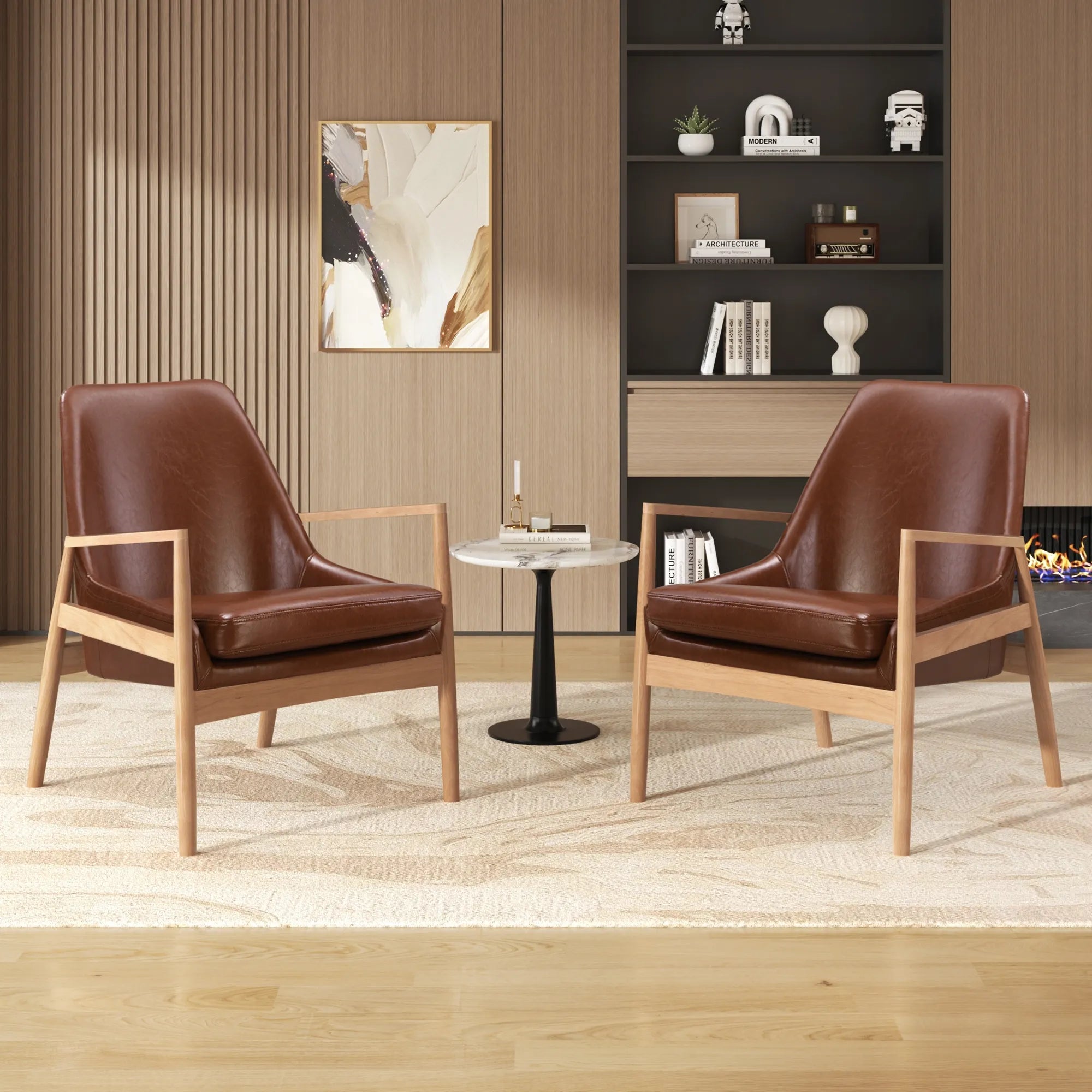 PU Leather Mid-Century Modern Armchair Accent Chair with Solid Wood Frame