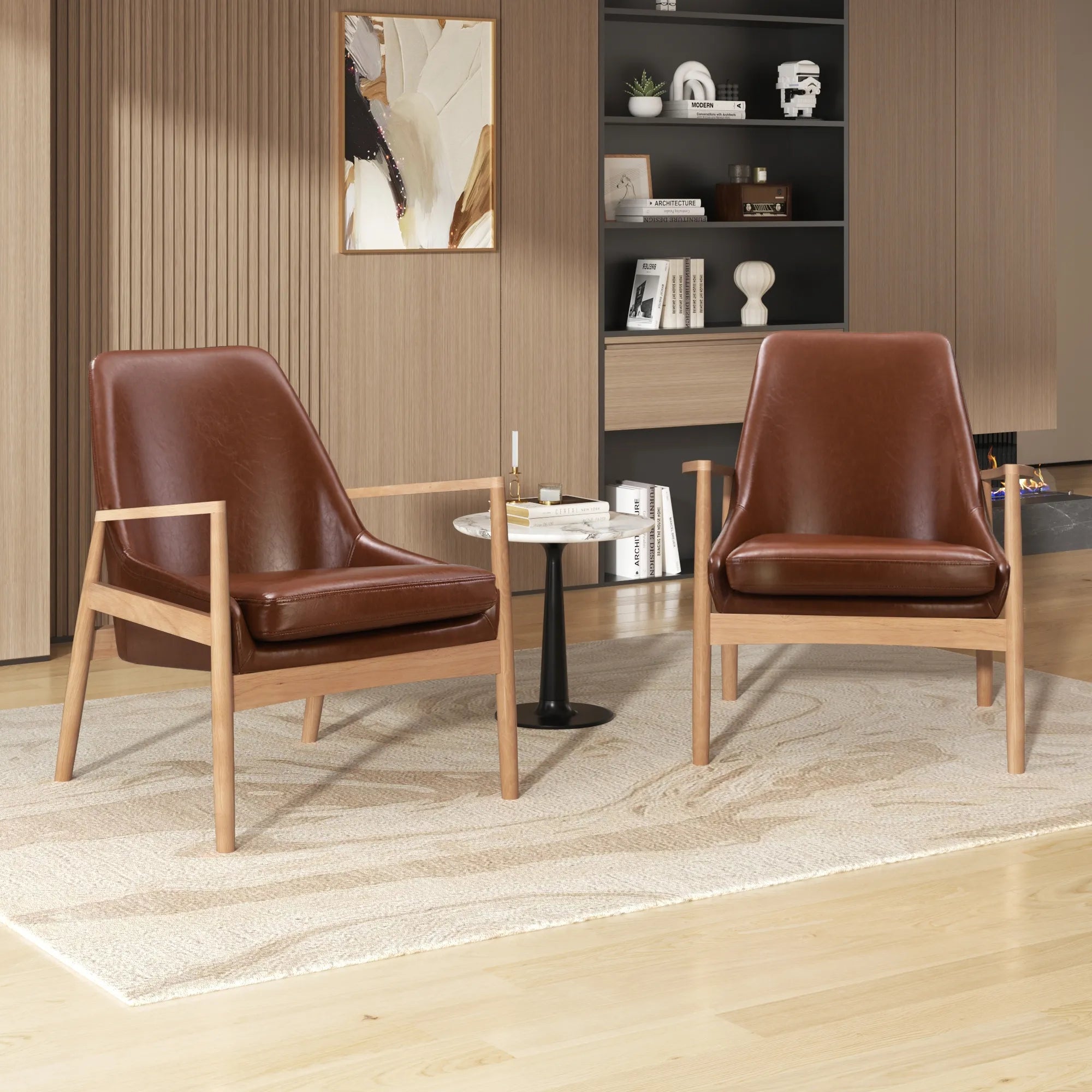 PU Leather Mid-Century Modern Armchair Accent Chair with Solid Wood Frame