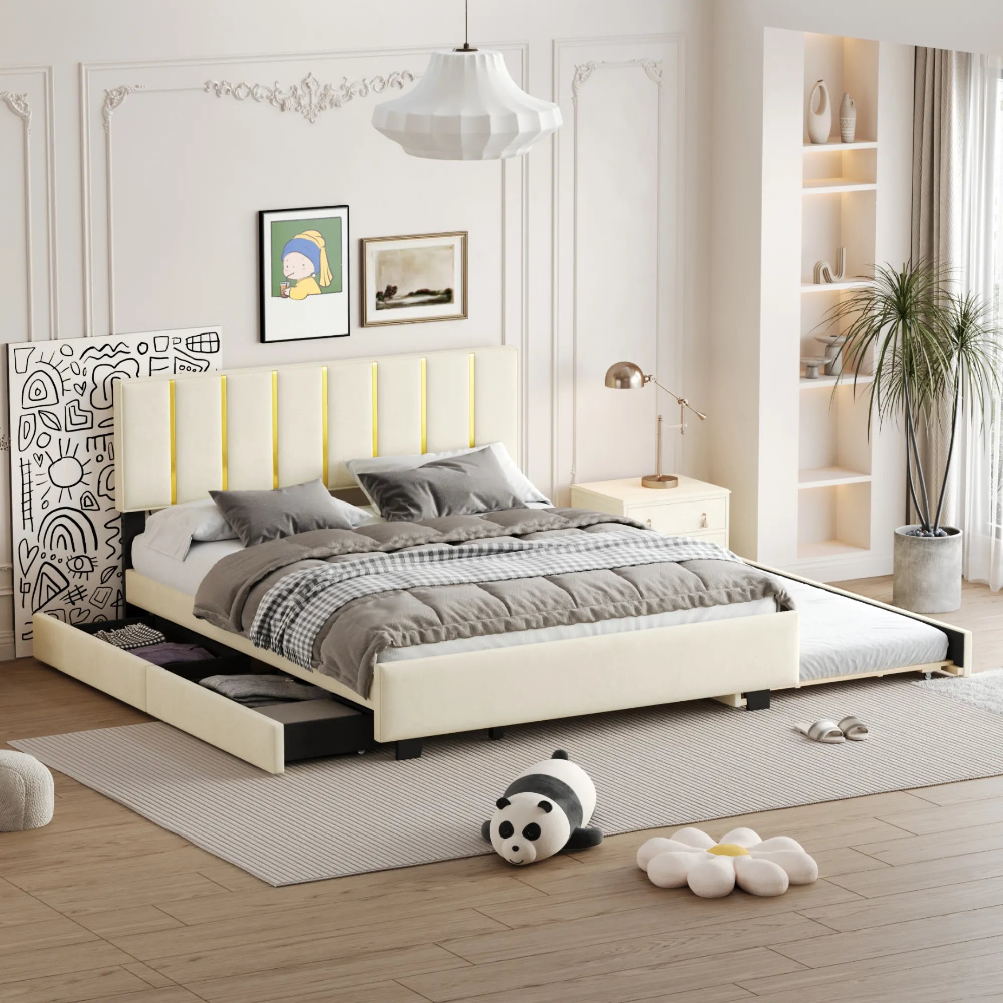 Queen Size Upholstered Bed Frame with Drawers and Trundle