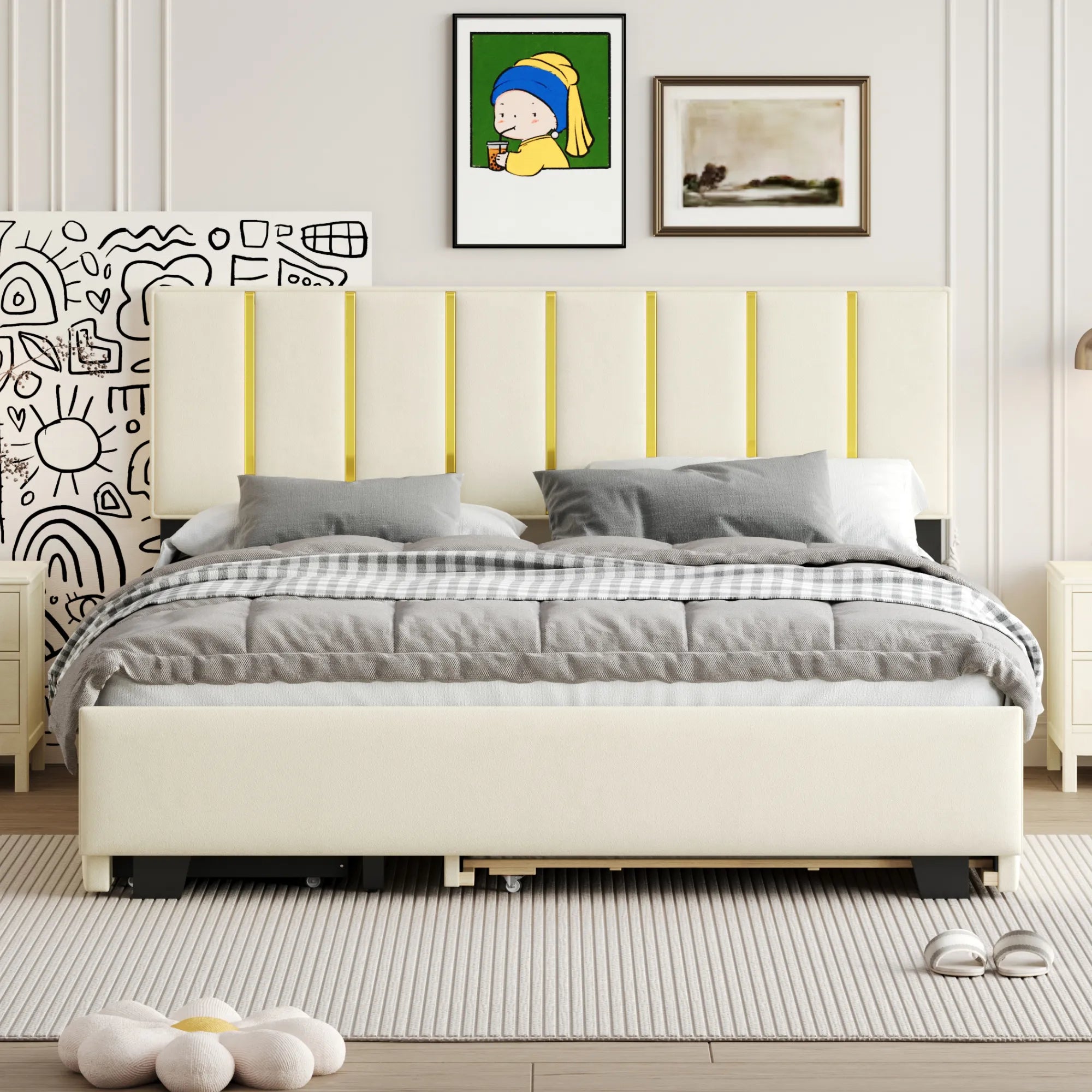 Queen Size Upholstered Bed Frame with Drawers and Trundle