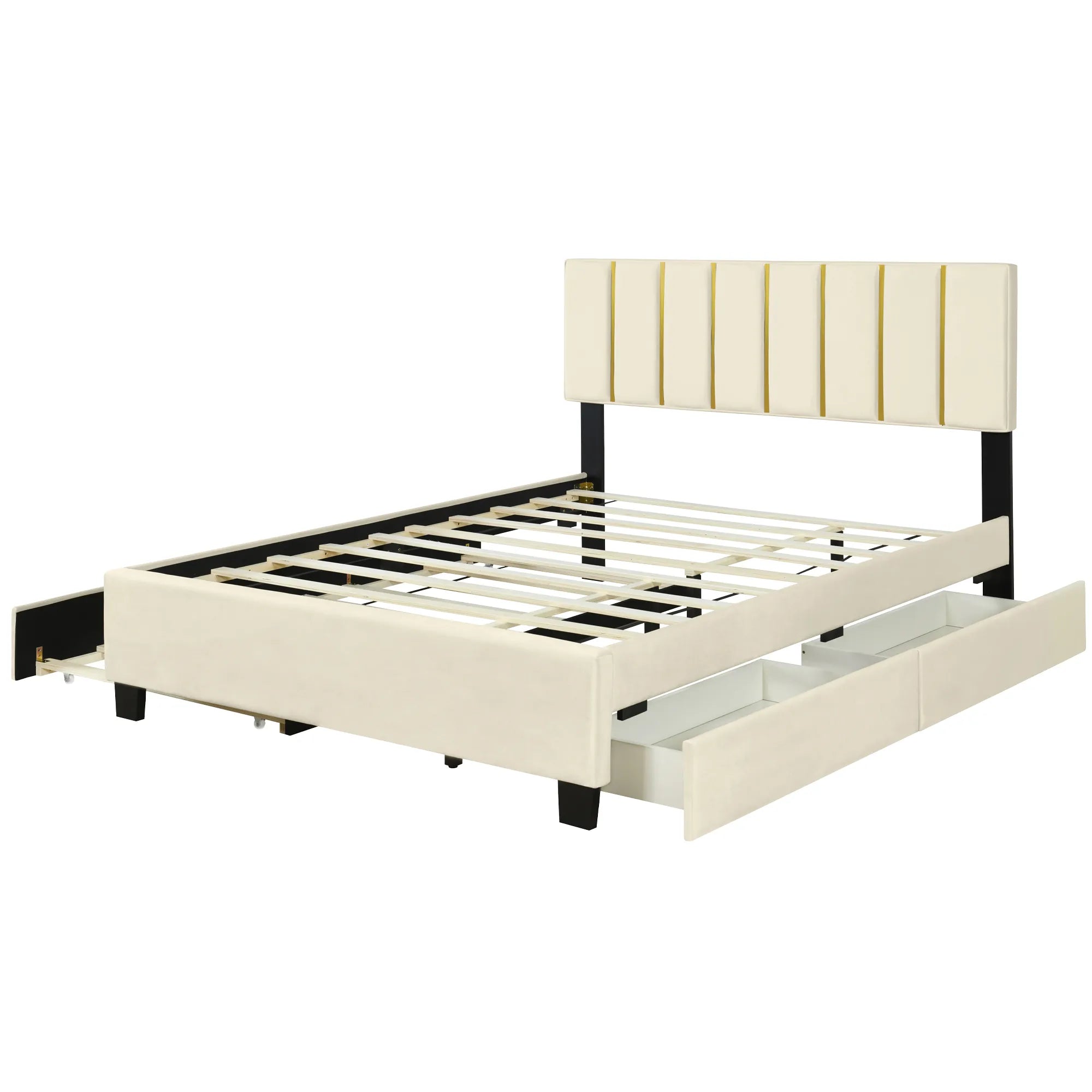 Queen Size Upholstered Bed Frame with Drawers and Trundle