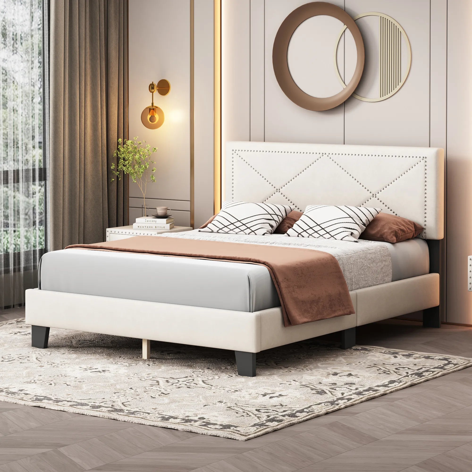 Queen Size Upholstered Modern Bed Frame with Rivet Design