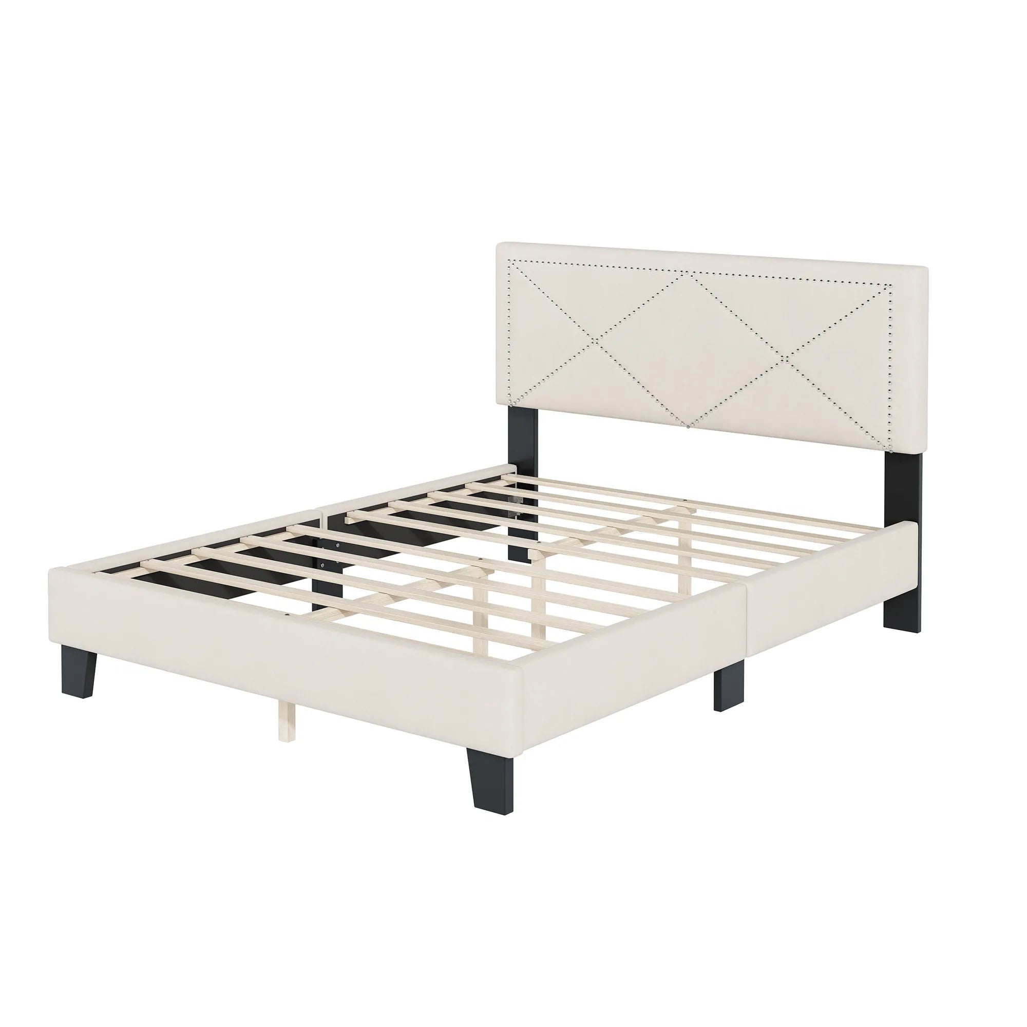 Queen Size Upholstered Modern Bed Frame with Rivet Design