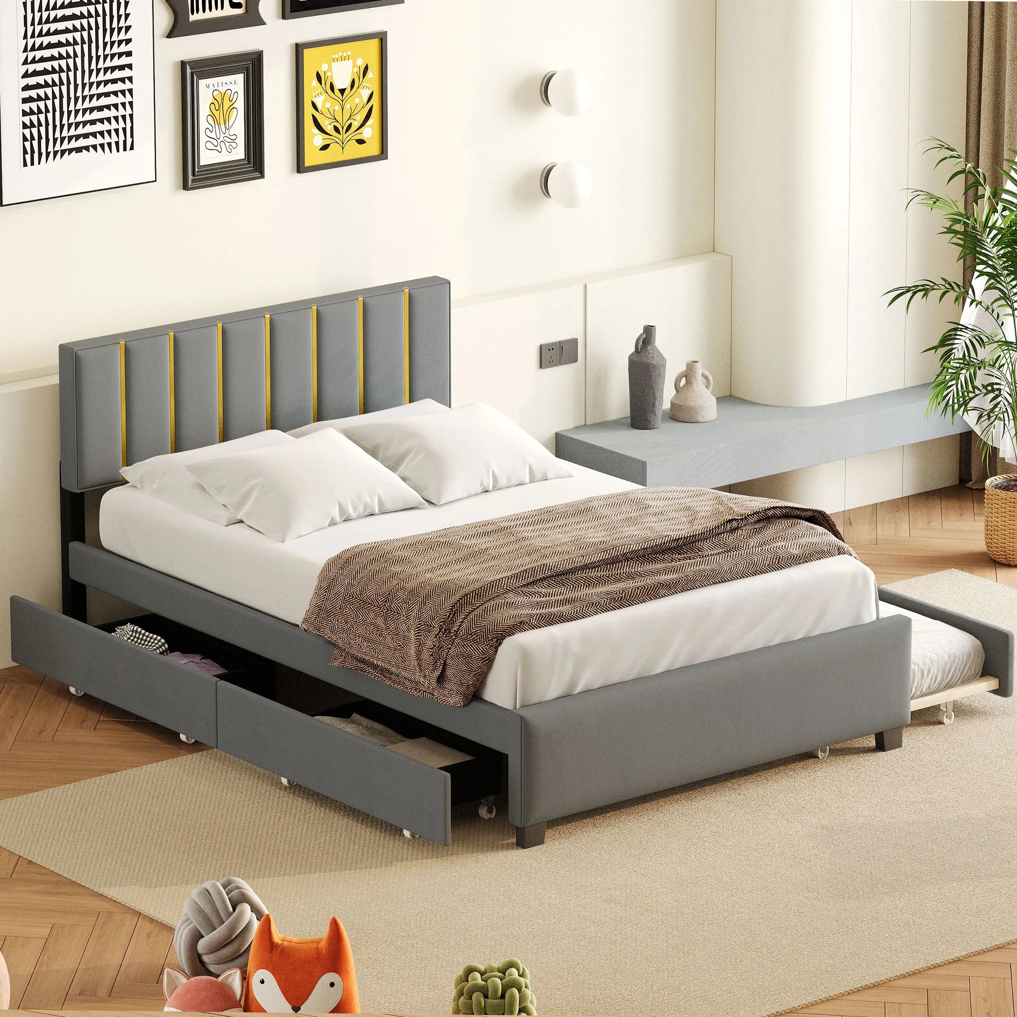 Queen Size Upholstered Bed Frame with Drawers and Trundle