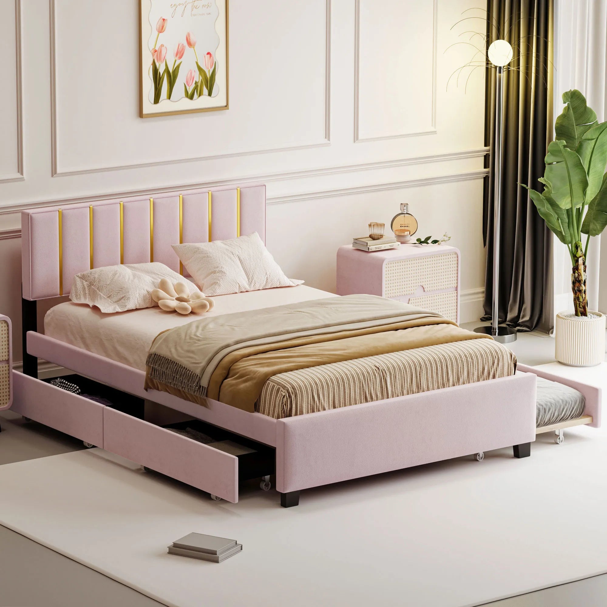 Queen Size Upholstered Bed Frame with Drawers and Trundle
