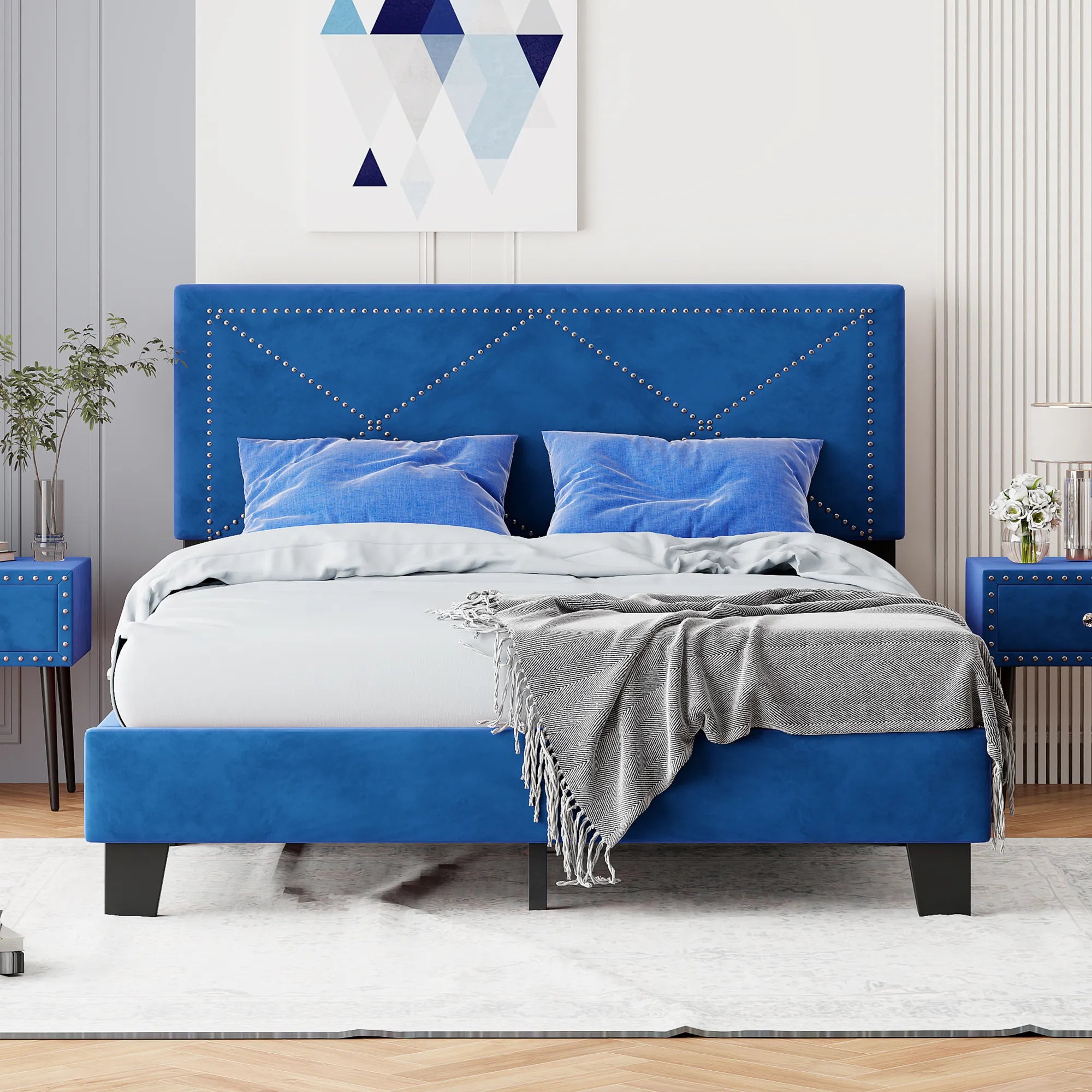 Queen Size Upholstered Modern Bed Frame with Rivet Design