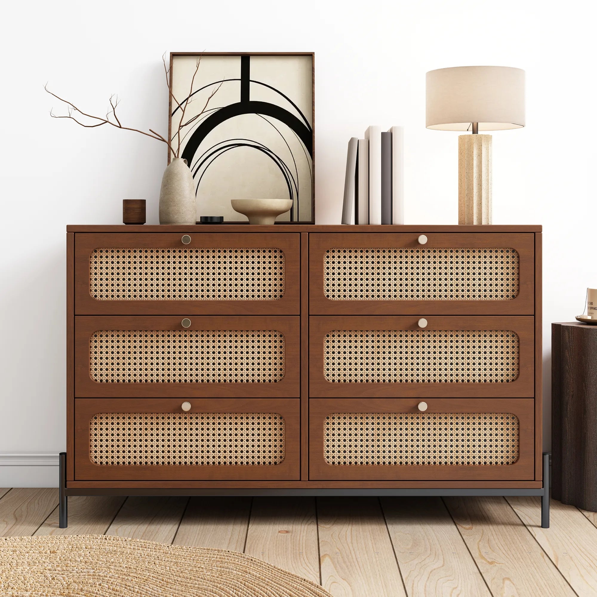Rattan Modern Sideboard Cabinet with 6 Drawers