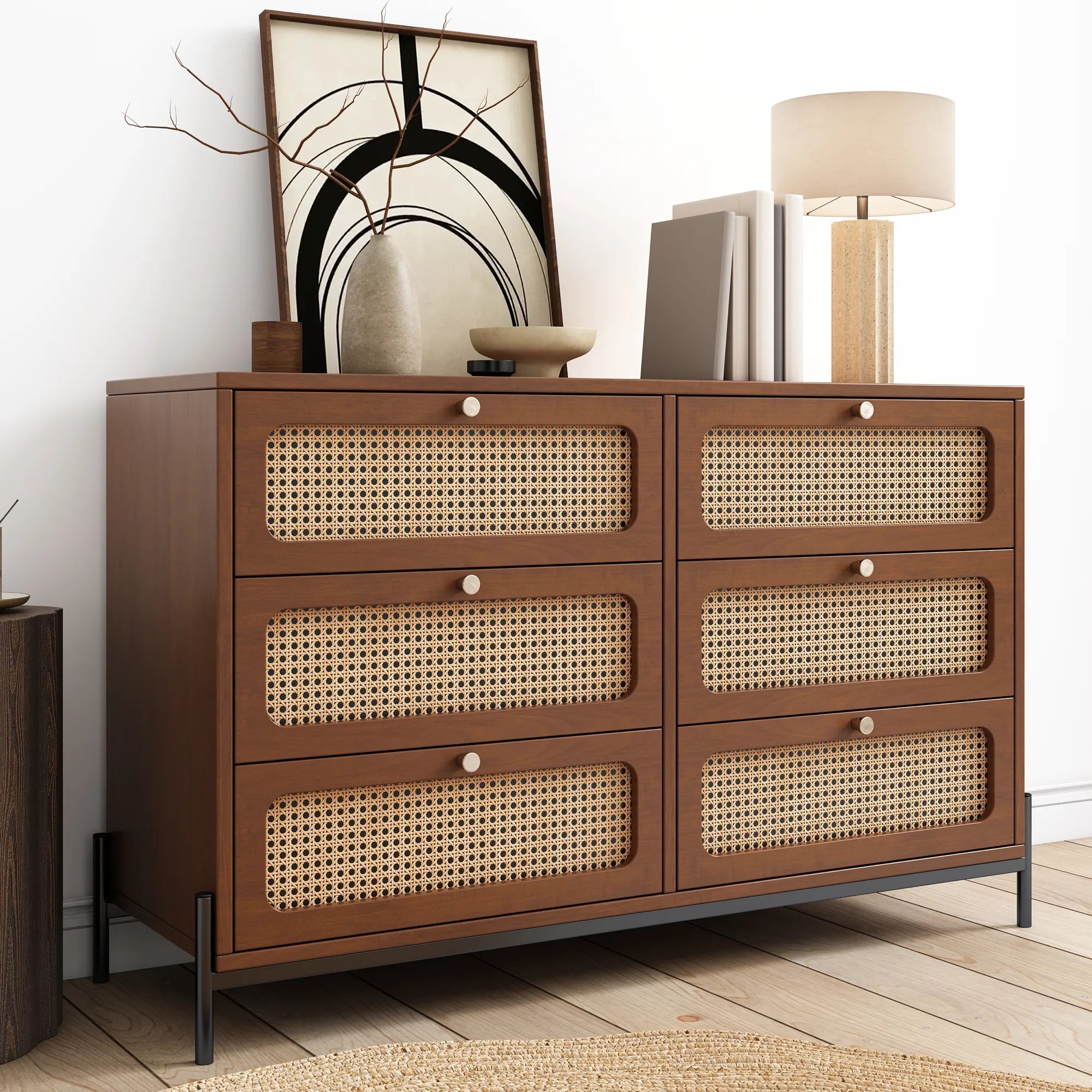 Rattan Modern Sideboard Cabinet with 6 Drawers