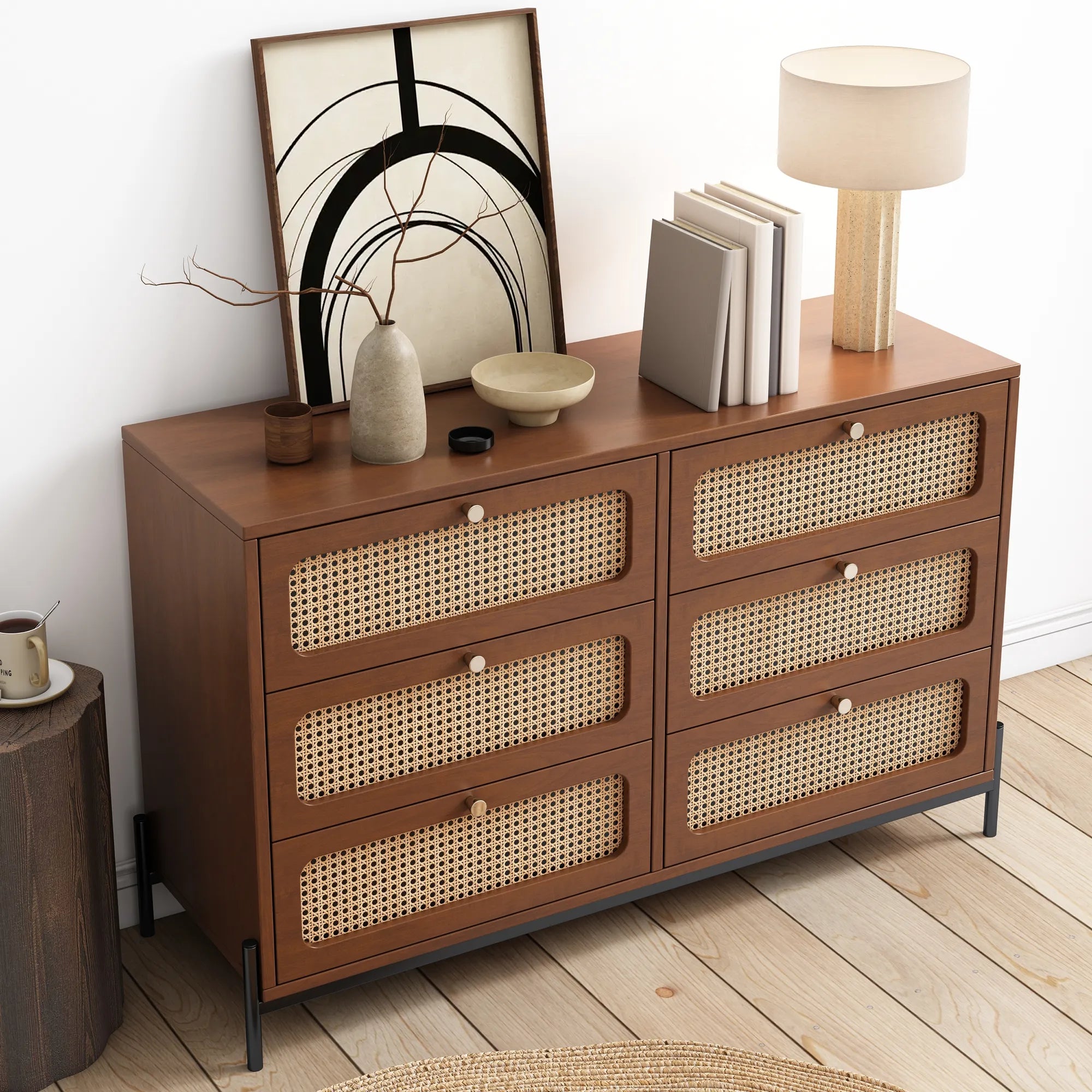 Rattan Modern Sideboard Cabinet with 6 Drawers