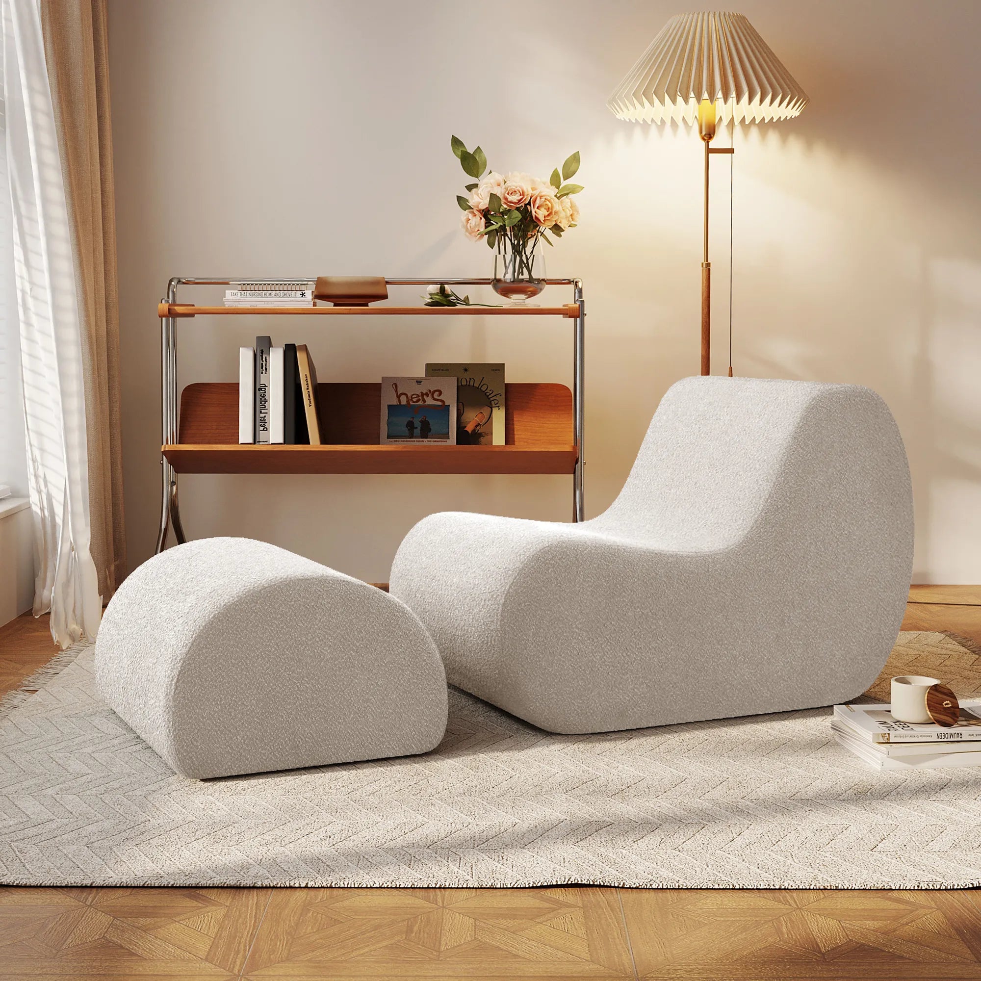 Stylish Minimalist Curved Comfy Accent Chair with Ottoman