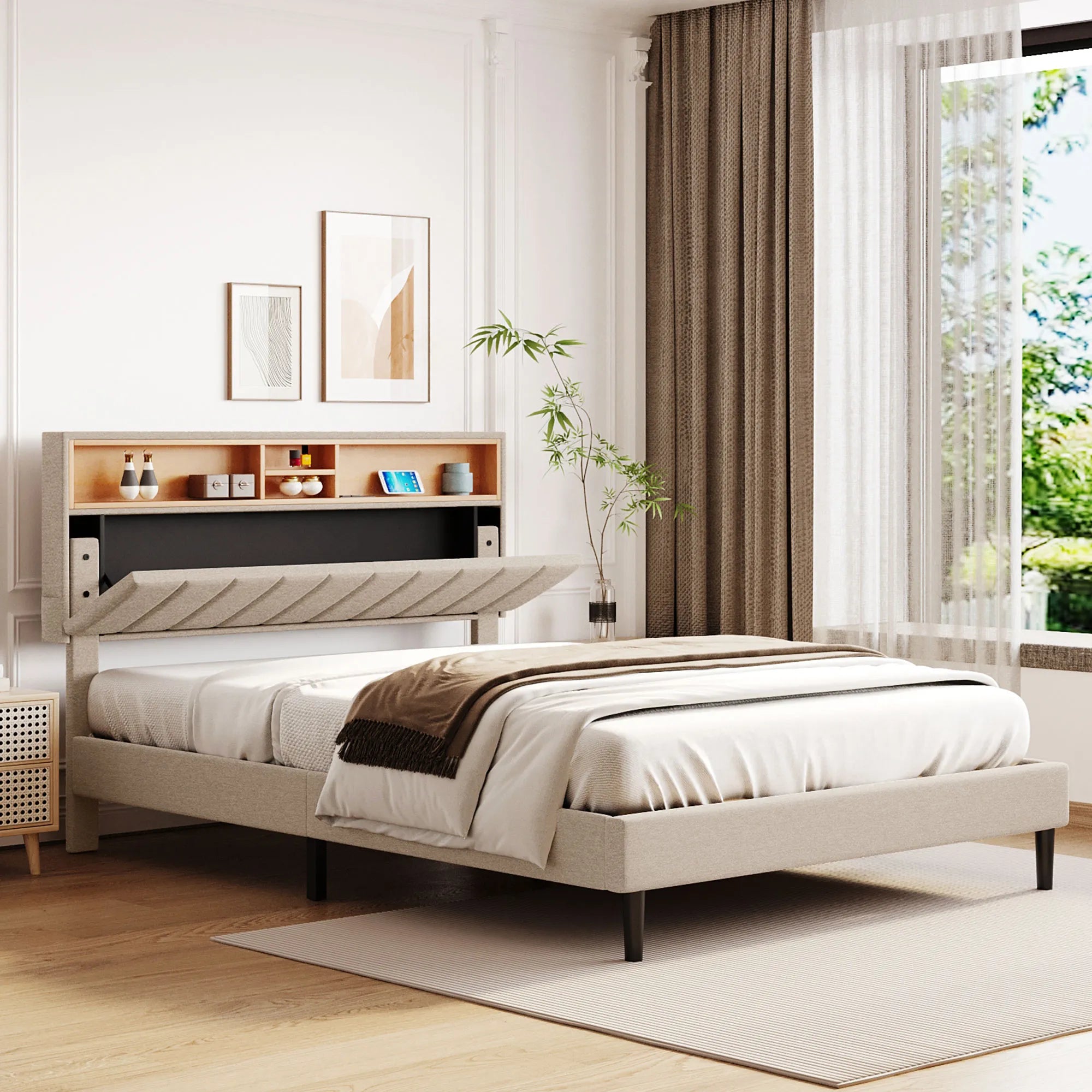 Upholstered Platform Bed Frame with Storage Headboard and USB Port