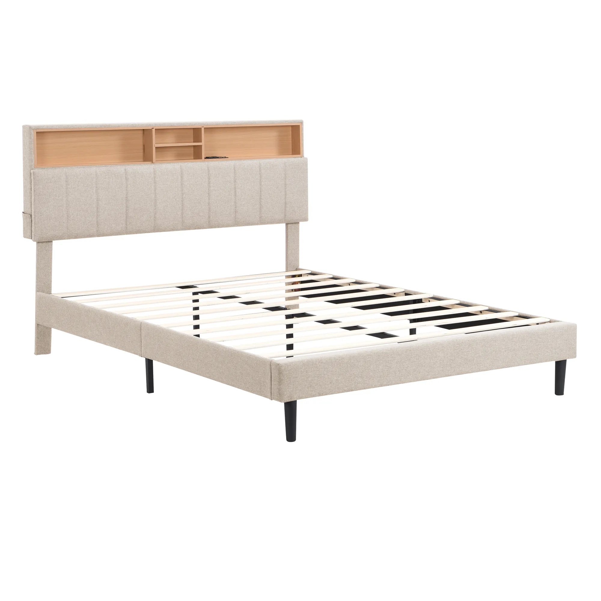 Upholstered Platform Bed Frame with Storage Headboard and USB Port