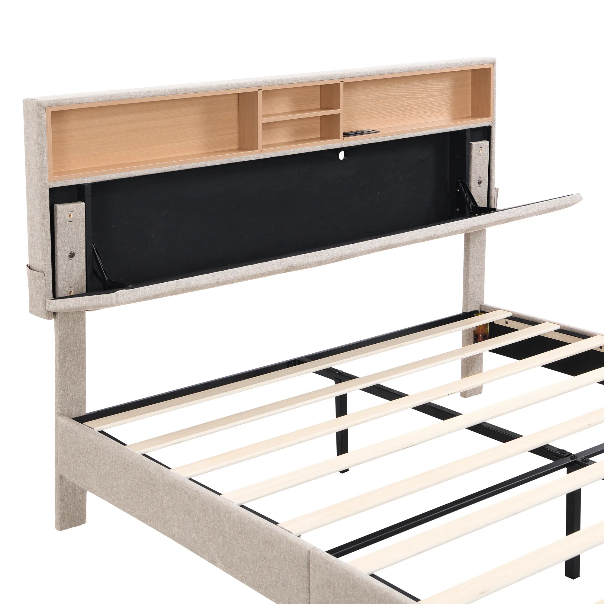 Upholstered Platform Bed Frame with Storage Headboard and USB Port