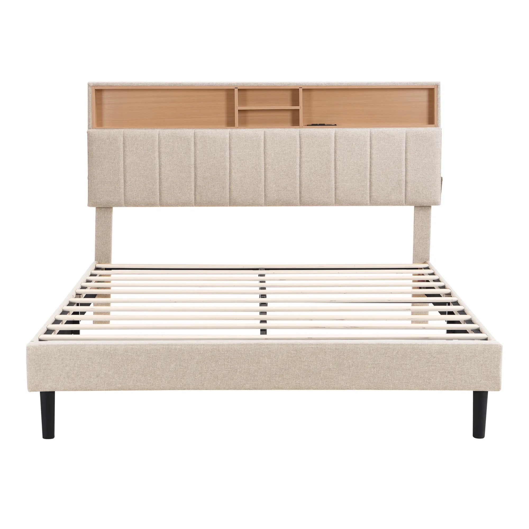 Upholstered Platform Bed Frame with Storage Headboard and USB Port