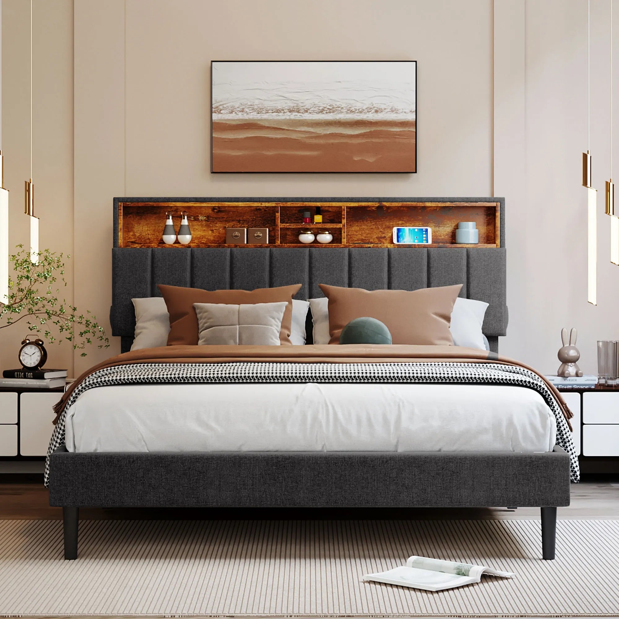 Upholstered Platform Bed Frame with Storage Headboard and USB Port