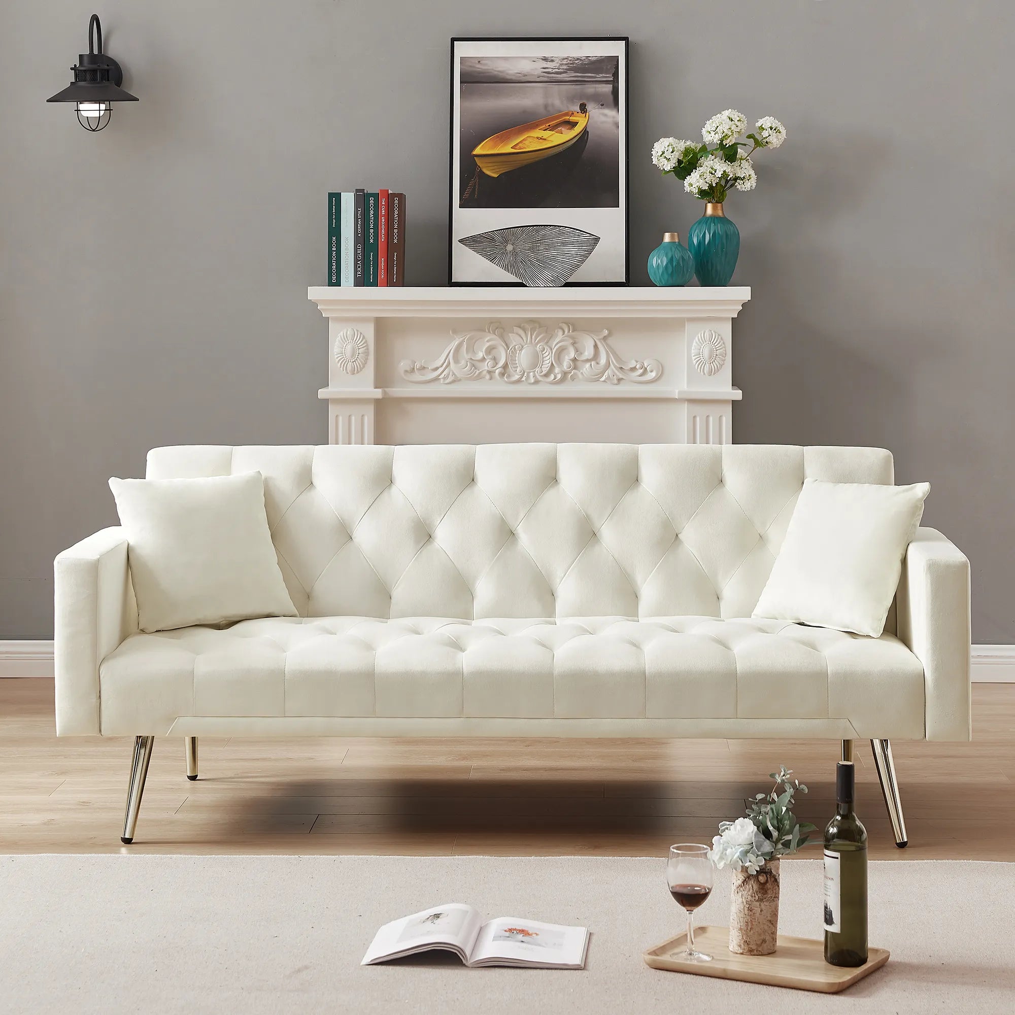 Velvet Cream Futon Convertible Folding Sleeper Sofa Bed