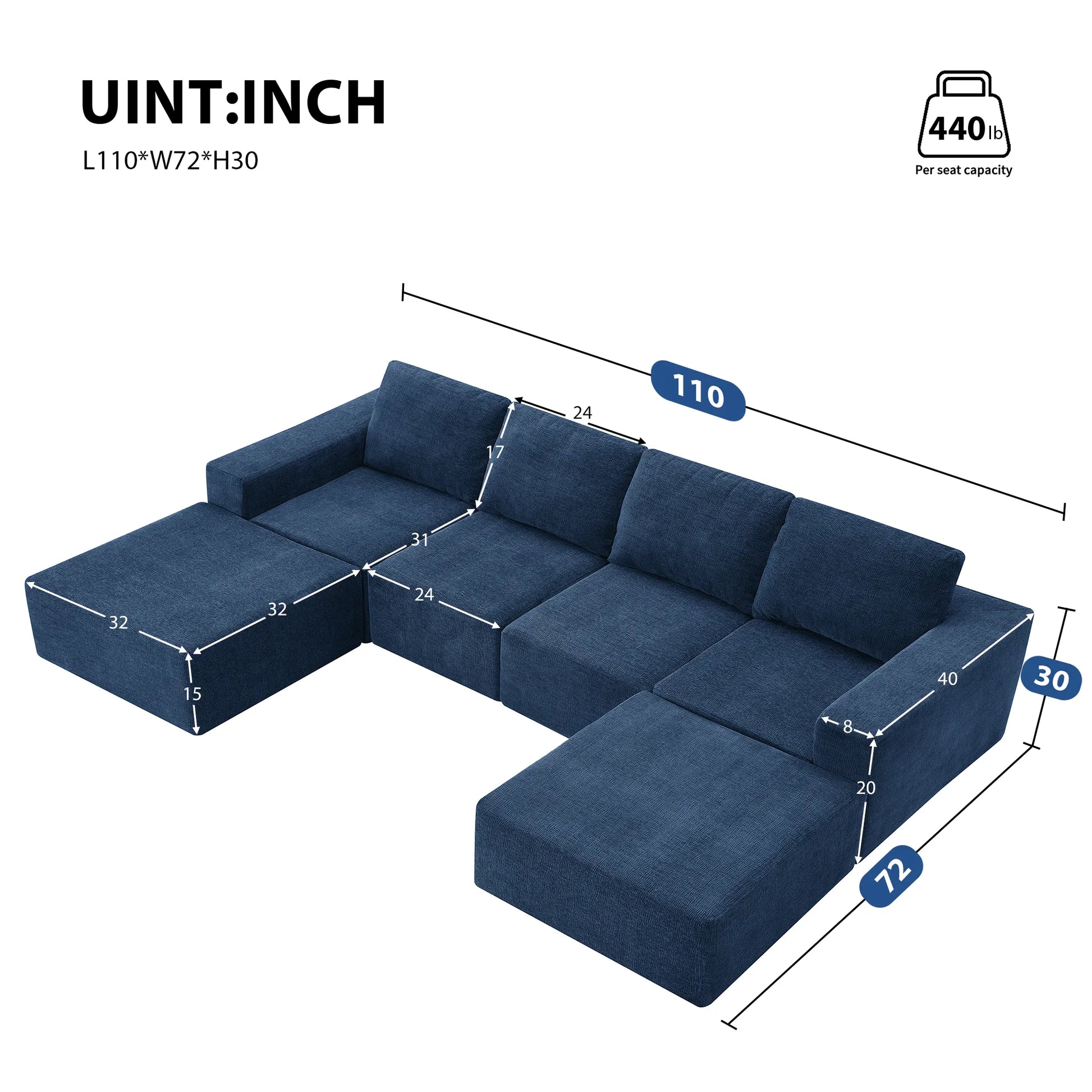 110" Chenille Upholstered Modern Modular Sectional Compressed Sofa
