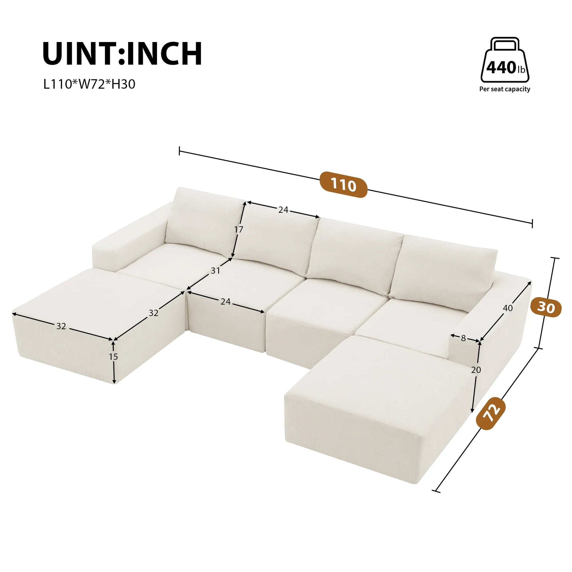 110" Chenille Upholstered Modern Modular Sectional Compressed Sofa