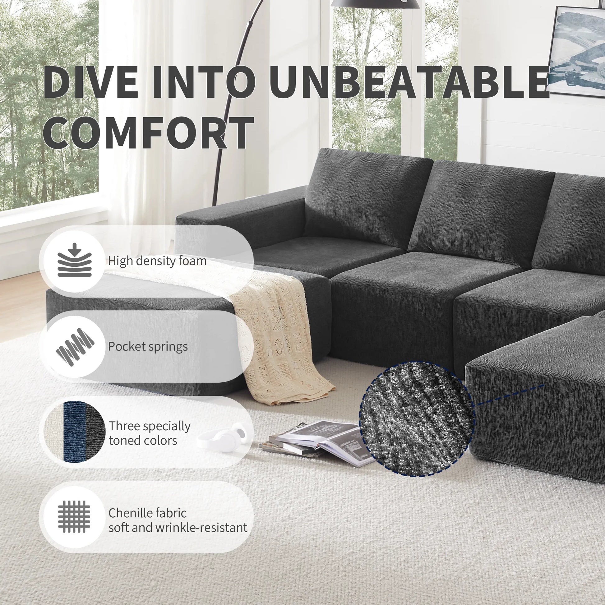 110" Chenille Upholstered Modern Modular Sectional Compressed Sofa