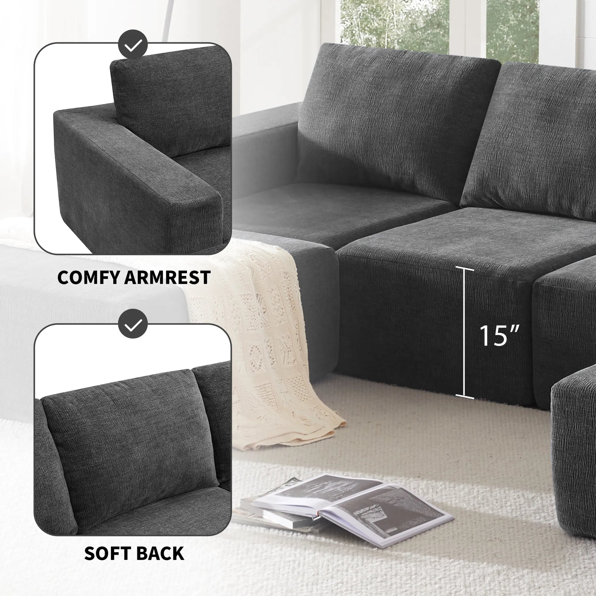 110" Chenille Upholstered Modern Modular Sectional Compressed Sofa