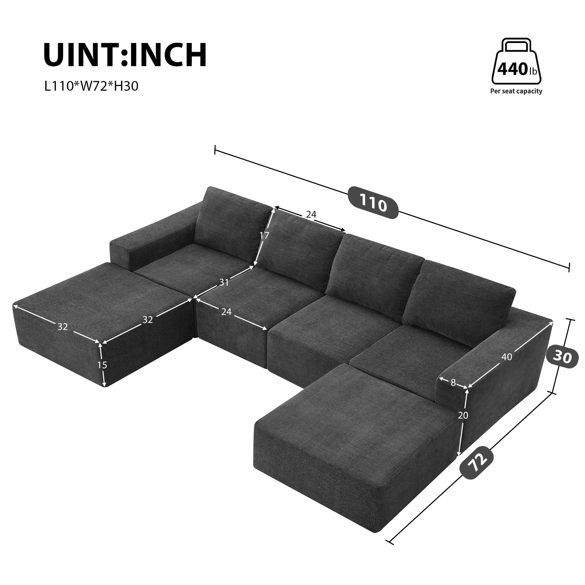 110" Chenille Upholstered Modern Modular Sectional Compressed Sofa