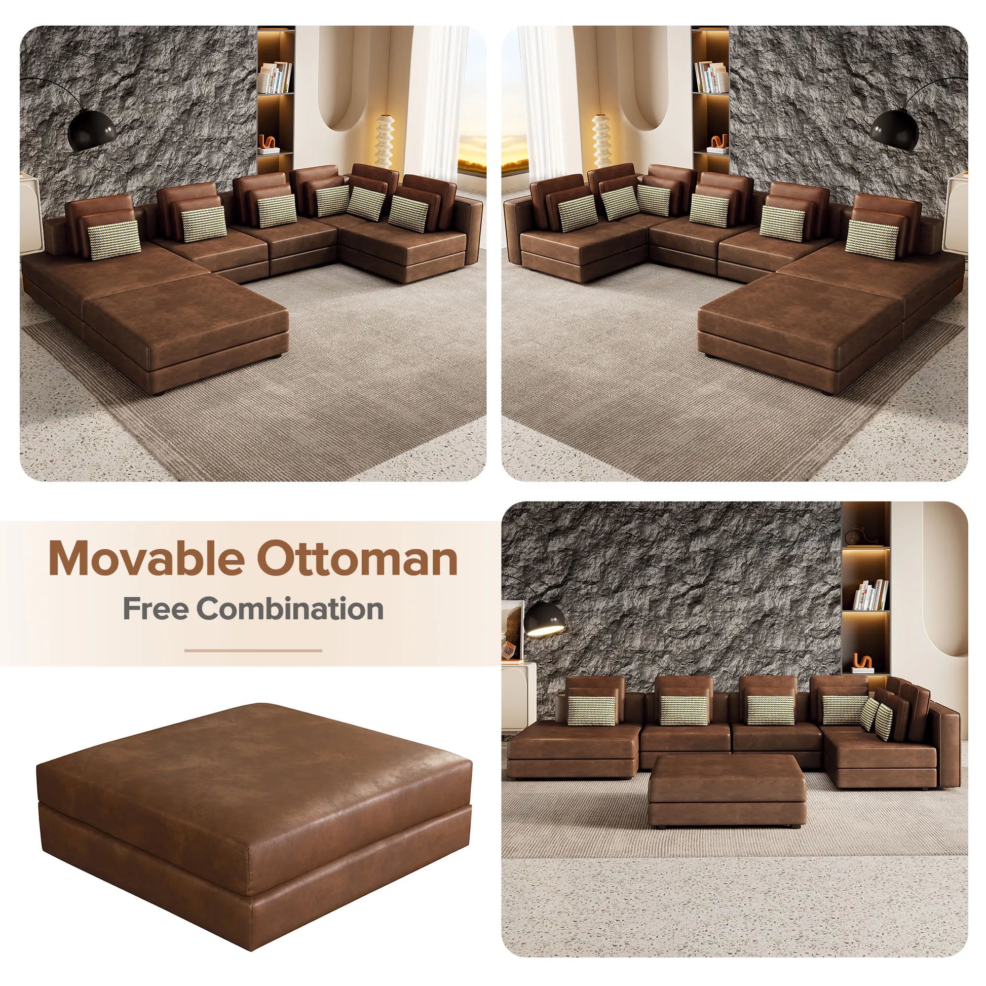 112" Modular Sectional Sofa & Chaise Lounge with Movable Ottoman