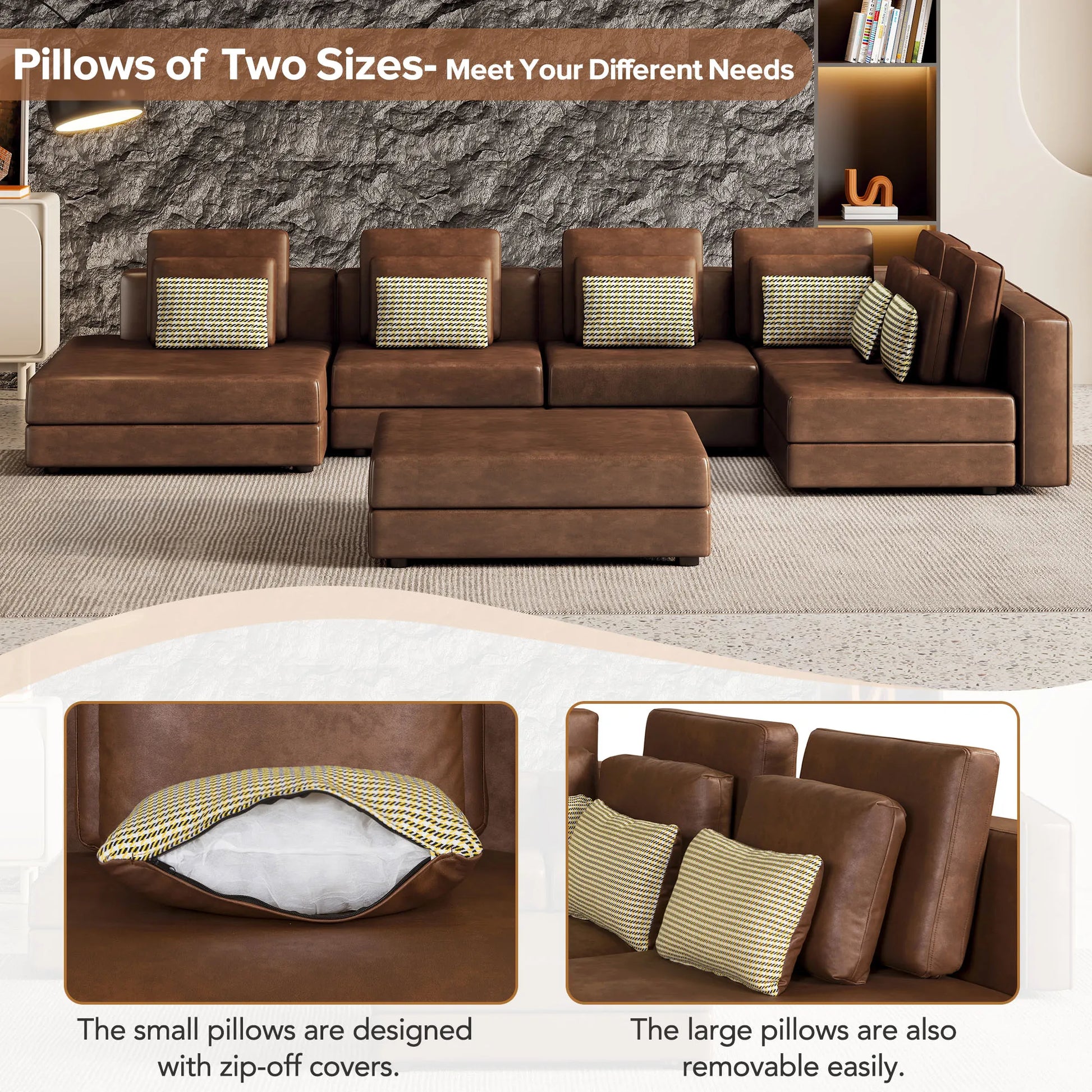 112" Modular Sectional Sofa & Chaise Lounge with Movable Ottoman